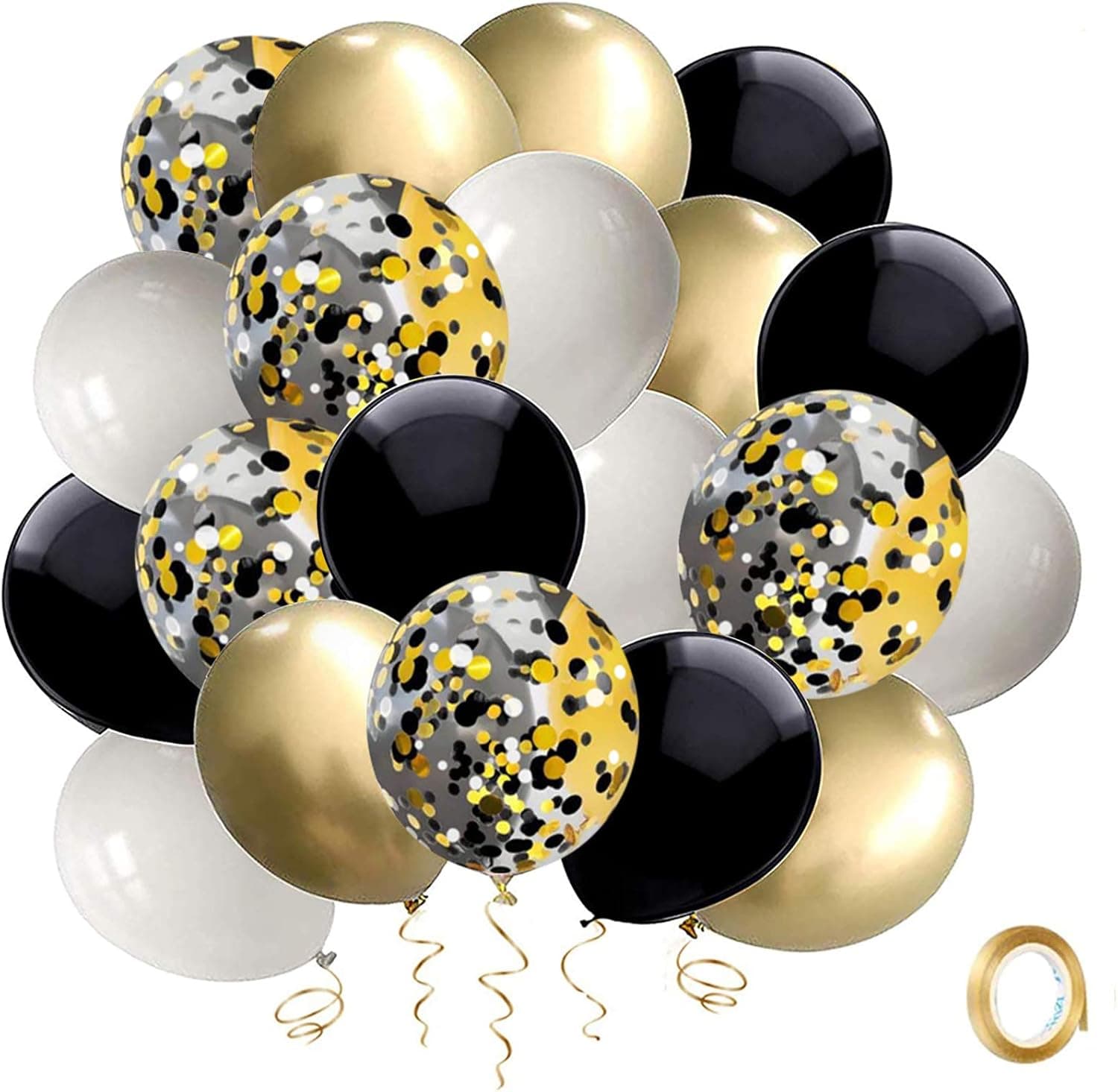 Vanjehou Black Gold Confetti Latex Balloons, 50 Pack 12inch Black Gold Balloons and White Balloons with Gold Ribbon for Graduation Wedding Birthday Baby Shower Party Decorations…
