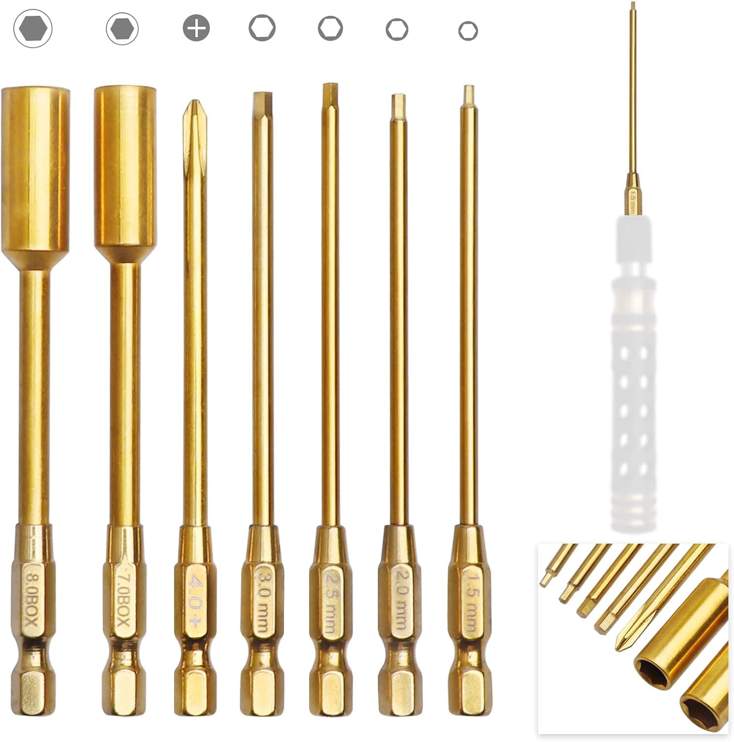 AllinRC 1.5 2.0 2.5 3.0mm Hex Bit Set Allen Wrench Drill Bits Hex Nut Driver 7mm, 8mm & Phillips Screwdriver Bit Compatible with Power Drills Impact Driver Electric Screwgun RC Hobby Tools Kit(7-Pack)