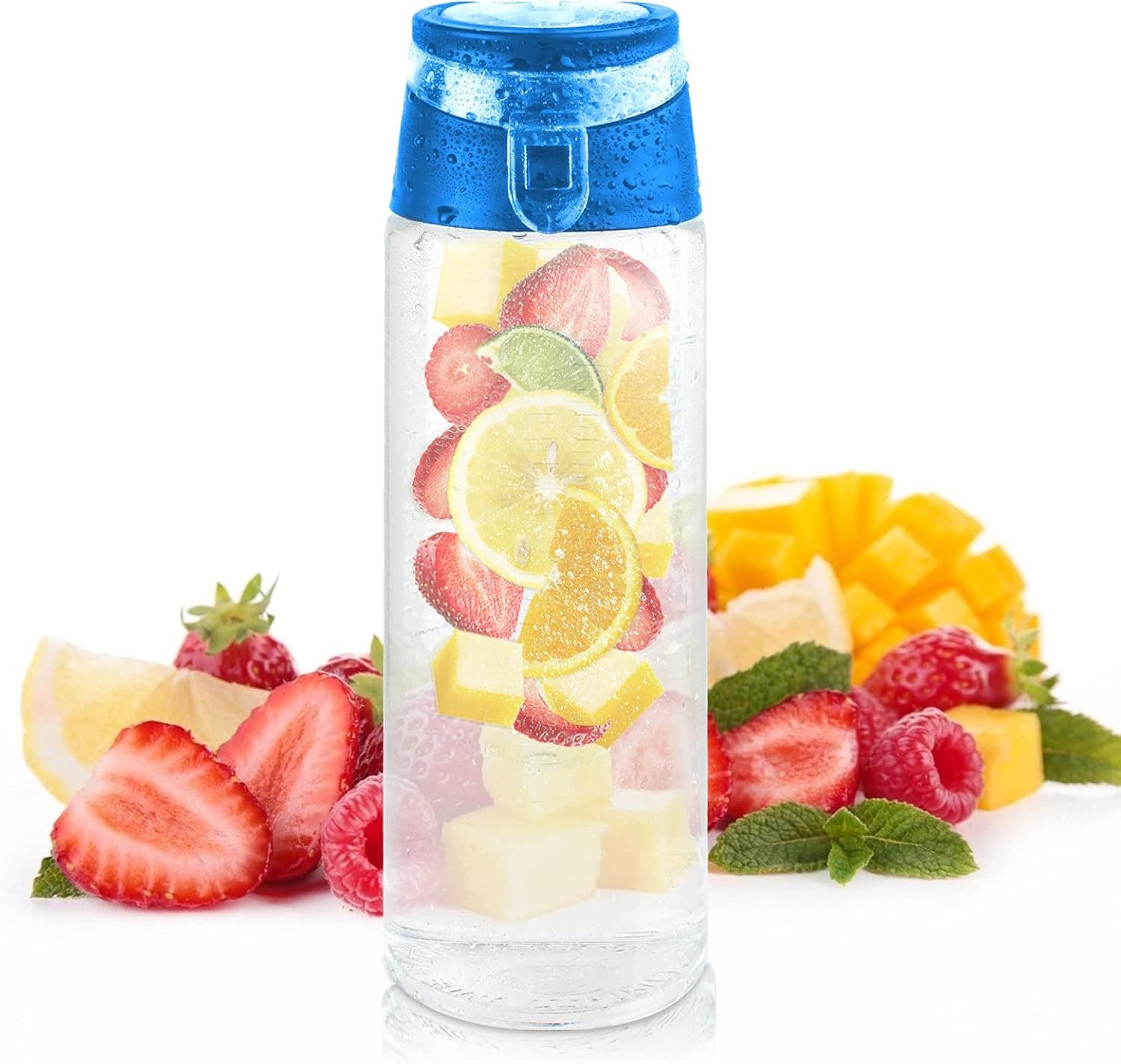 KUFUNG Fruit Infuser Water Bottle With Sleeve - BPA Free Anti-Slip Grip & Flip Top Lid Infused Water Bottles for Women & Men - Water Infusion Bottle With Cleaning Brush (Blue, 30 oz)