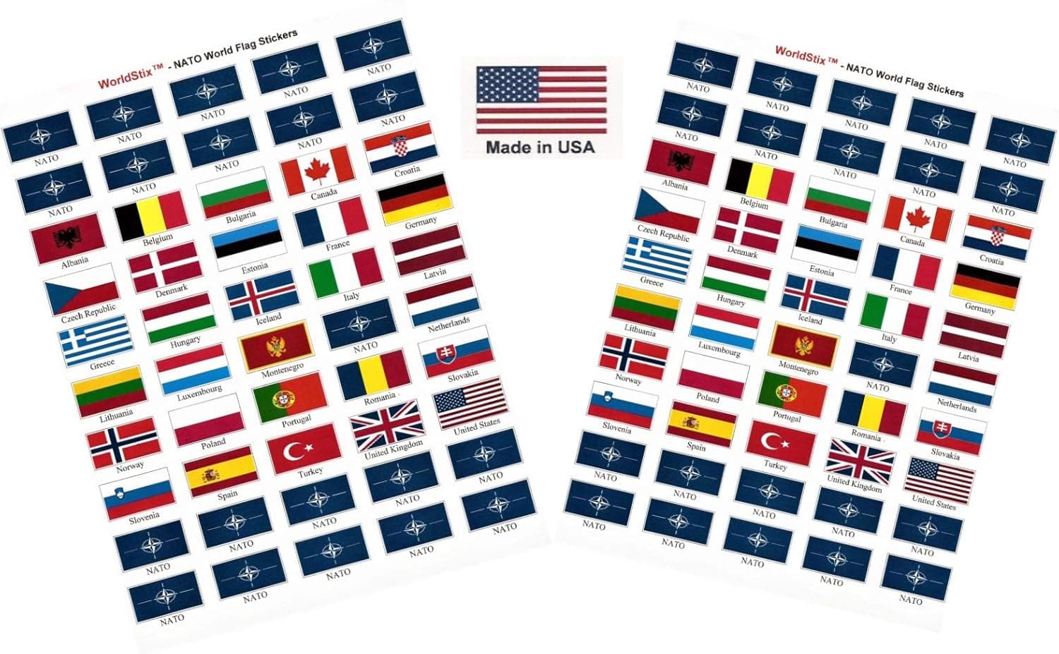 Made in USA! 100 Stickers Representing NATO Countries; 1.5" x 1" Self Adhesive World Flag Stickers, Two Sheets of 50, Containing 2 Stickers for Each NATO Country and 40 NATO Stickers