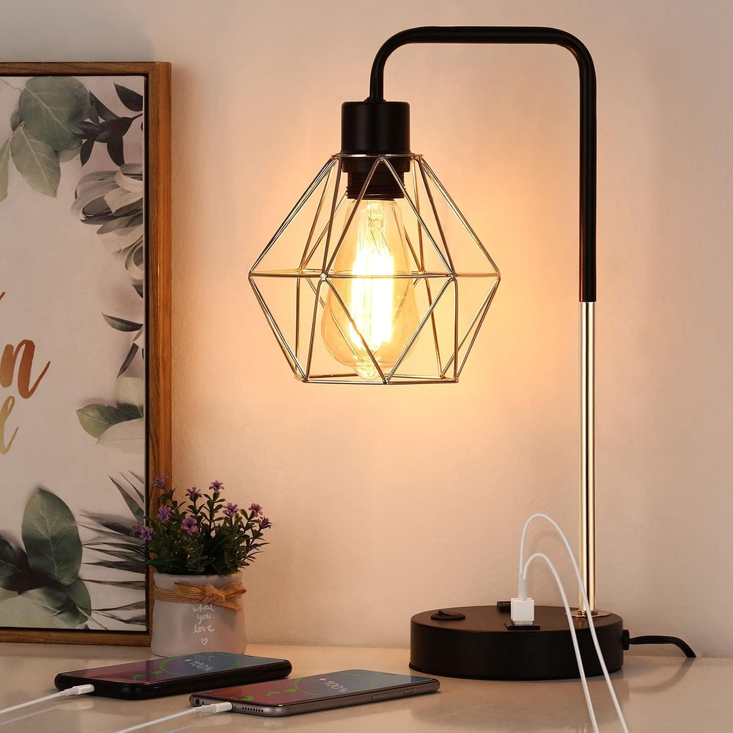 Vrisa Industrial Table Lamp Edison Desk Lamp with Dual USB Ports & Outlet Modern Bedside Nightstand Lamp for Office Bedroom Living Room, Gold