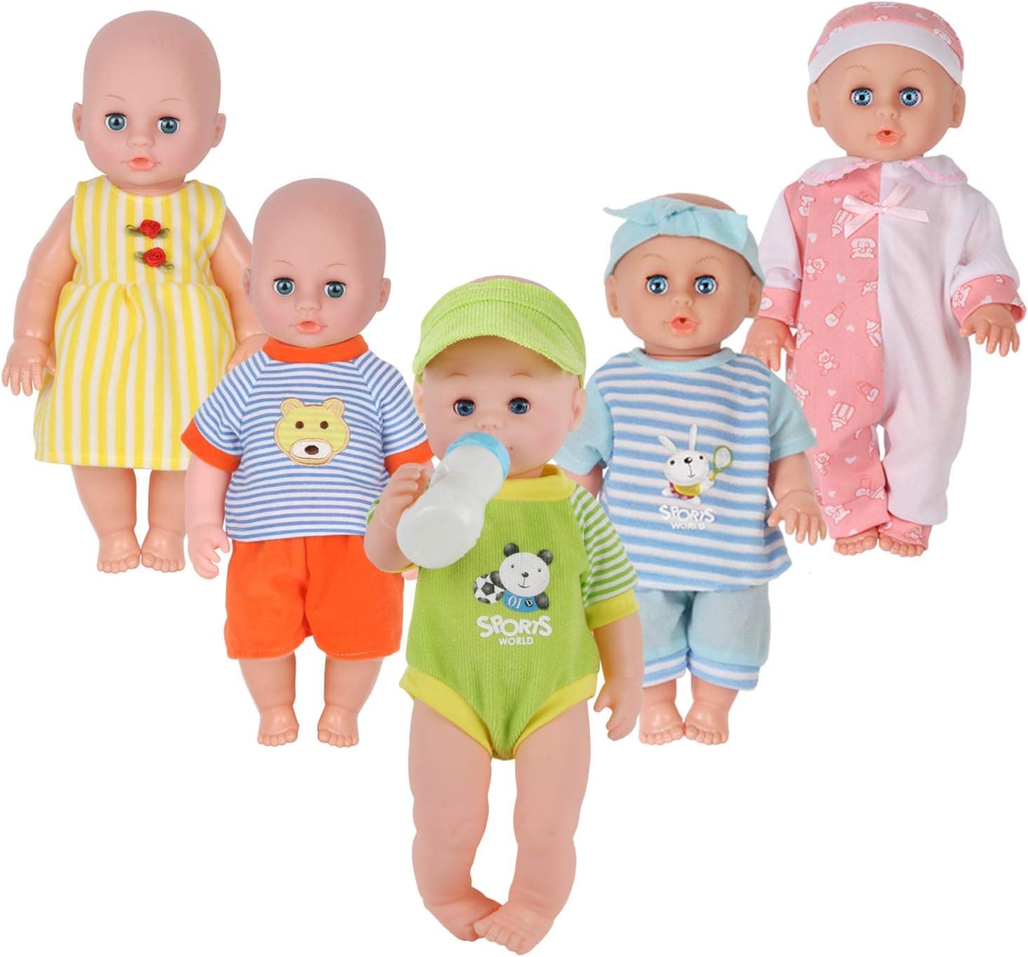 Young Buds Set of 5 for 12-13-14 Inch Newborn Reborn Alive Doll Baby Doll Clothes Dress Costumes Gown Outfits with Feeding Bottle Birthday Xmas Present Wrap