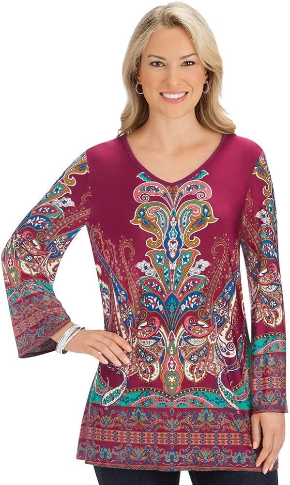 Collections Etc Medallion Print Burgundy Knit V-Neck Top with 3/4 Bell Sleeves - Made in USA