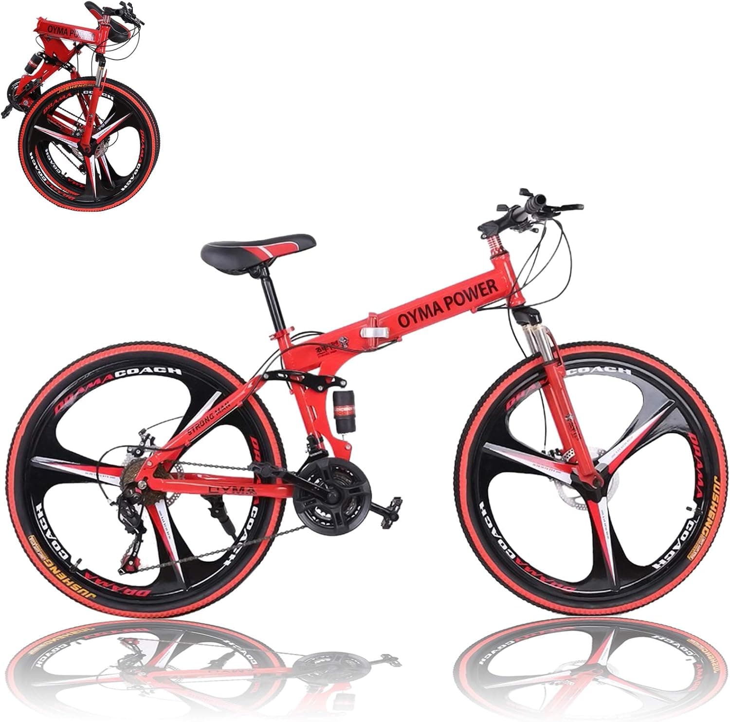 DREAMQJ 26 inch Adults Folding Mountain Bike for Men & Women High-Carbon Steel Mountain Bike Outdoor Exercise Road Bikes with 21 Speed Dual Disc Brakes Full Suspension Non-Slip (Red)