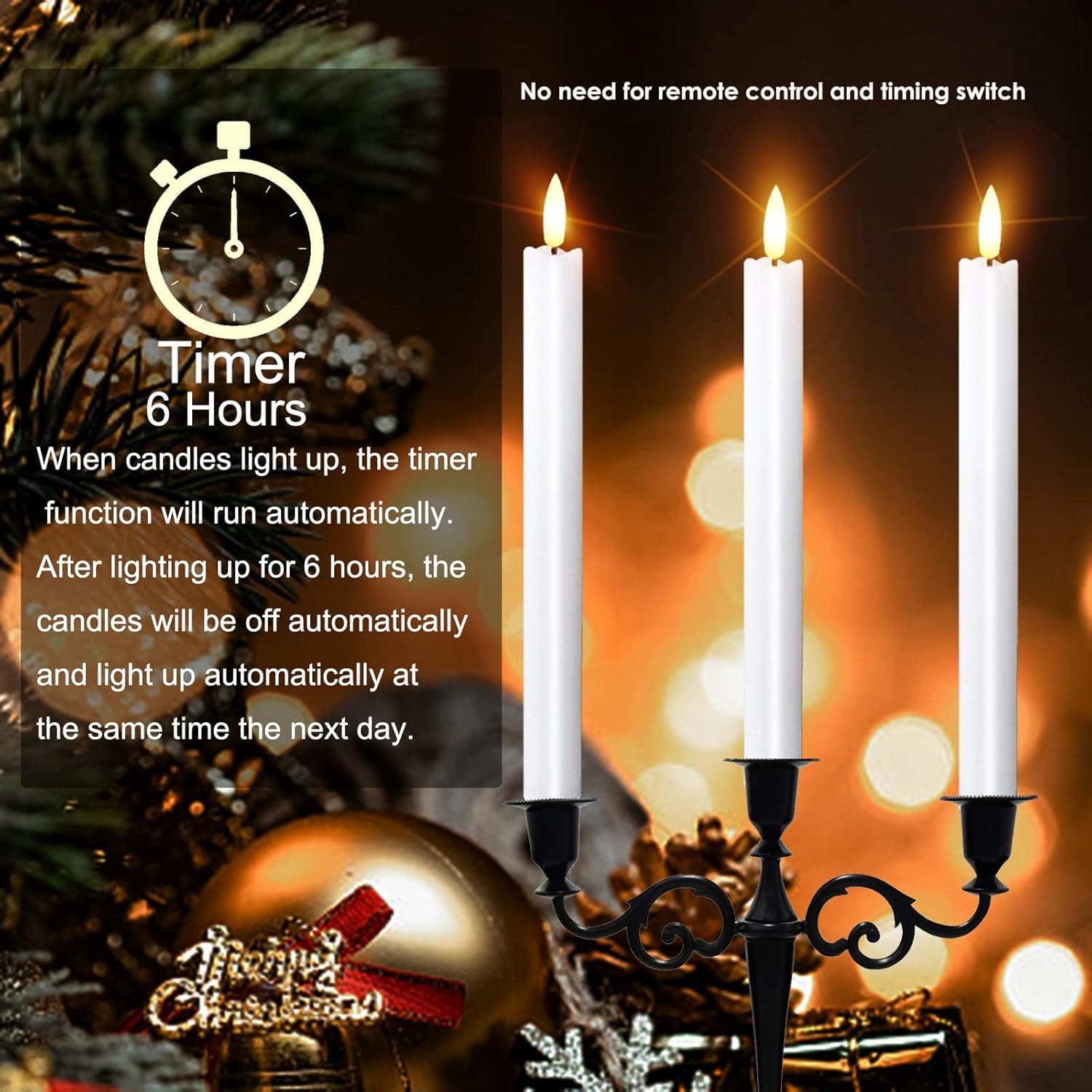 Flameless White Taper Candles with 6H Timer,Flickering Battery Operated Window Candles,10 Inch Long 3D Flame Plastic Candles for candlesticks, Led Fake Stick Candles for Christmas Decor (6 Pcs)