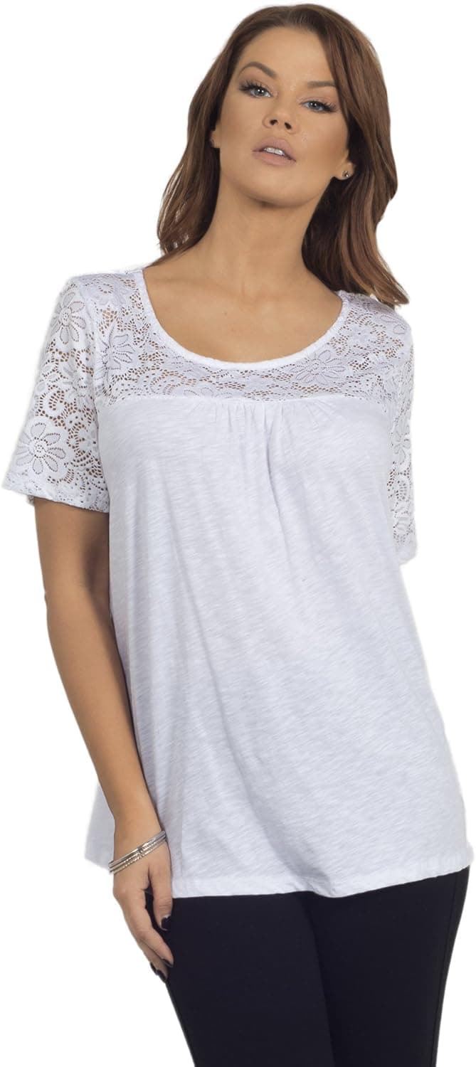 HOT FROM HOLLYWOOD Women's Plus Size Floral Lace Yoke Scoop Neck Short Sleeve High Low Tunic Top
