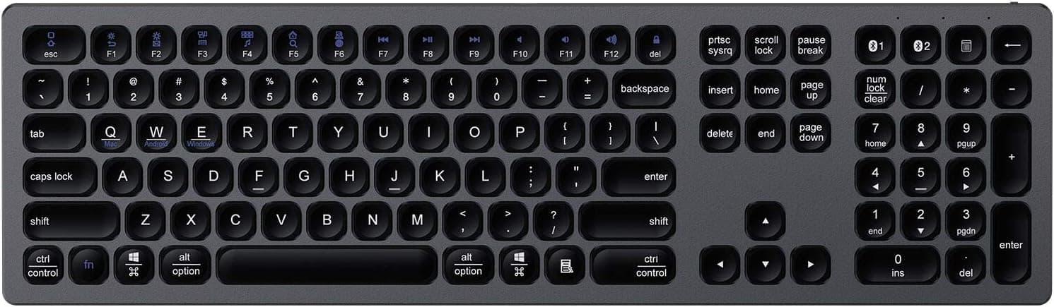 Bluetooth Keyboard, Ultra Slim Aluminum Wireless Keyboard with Numeric Keypads & Silent Click, Rechargeable Full-Size Keyboard for Mac OS iOS Windows Android