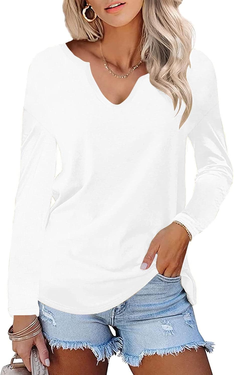 Hilltichu Womens Fall V Neck Tunic Tops Casual Long Sleeve Shirts
