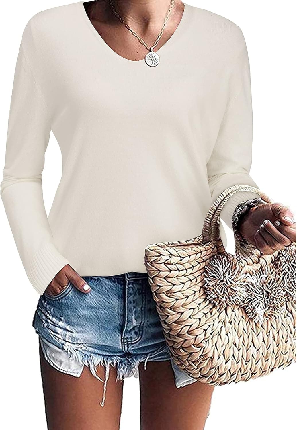 LAISHEN Women's V Neck Long Sleeve Casual Lightweight Pullover Sweater Loose Fit Ribbed Knit Tops