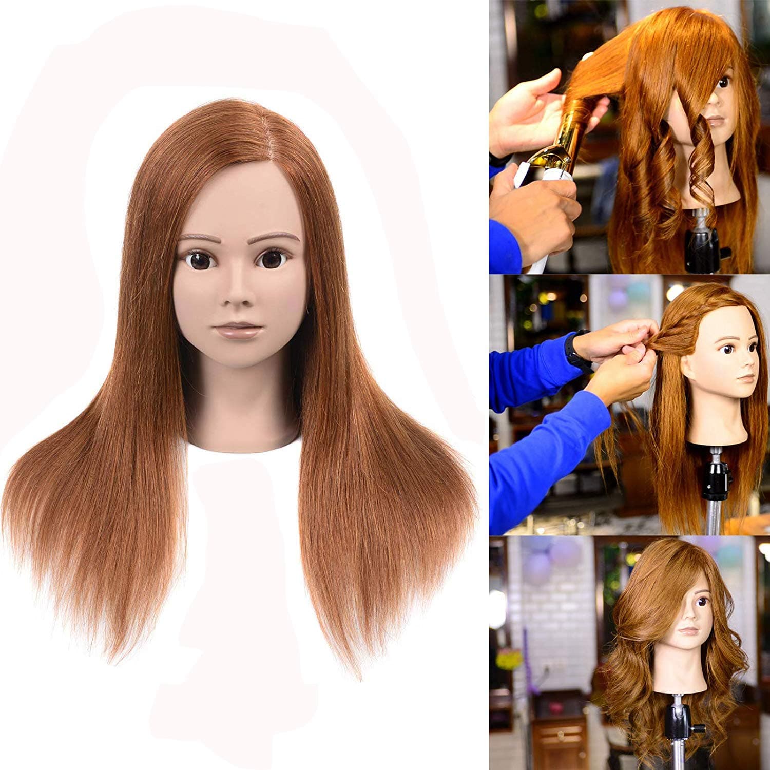 Cosmetology Mannequin Heads 100% Human Hair Training Head Auburn Brown Mannequin Head With Human Hair 20"-22"(From Forehead to The Back Hair End)