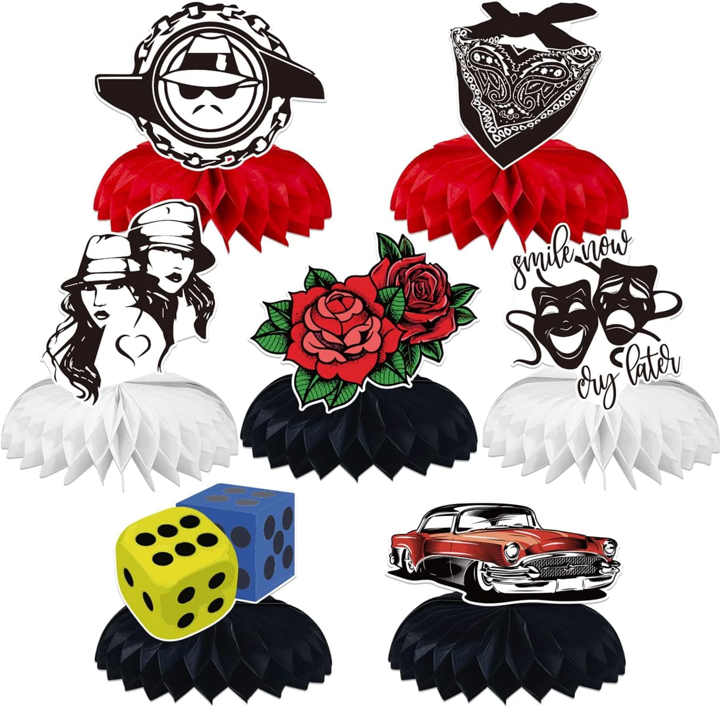 7Pcs Cholo Lowrider Early 2000s Party Decorations, Cholo Lowrider Early 2000s Theme Honeycomb Centerpieces Table Toppers, 3D Double Side Cake Toppers, Early 2000s Birthday Supplies for Girls and Boys