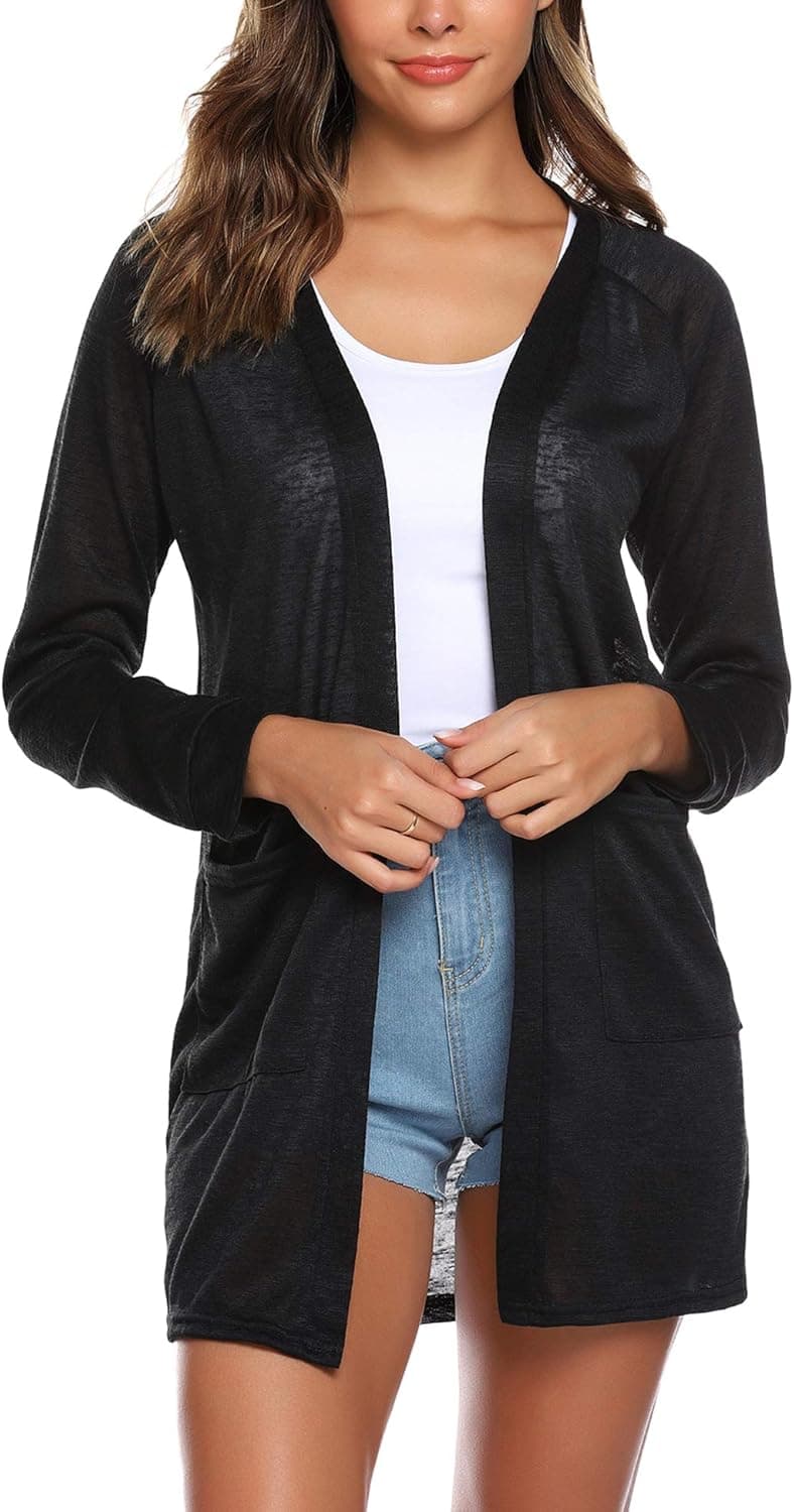 URRU Women's Soft Drape Lightweight Cardigan Long Sleeve with Pocket Black XXL
