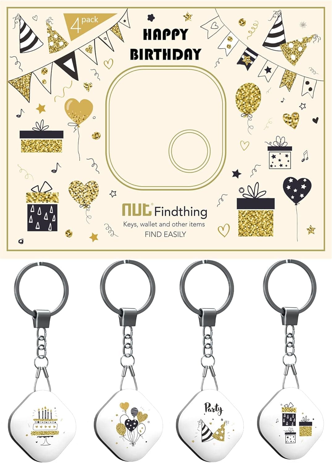 Nutale Key Finder, Bluetooth Tracker Item Locator with Key Chain for Keys Pet Wallets or Backpacks and Tablets, Batteries Include (Happy Birthday, 4 Pack)