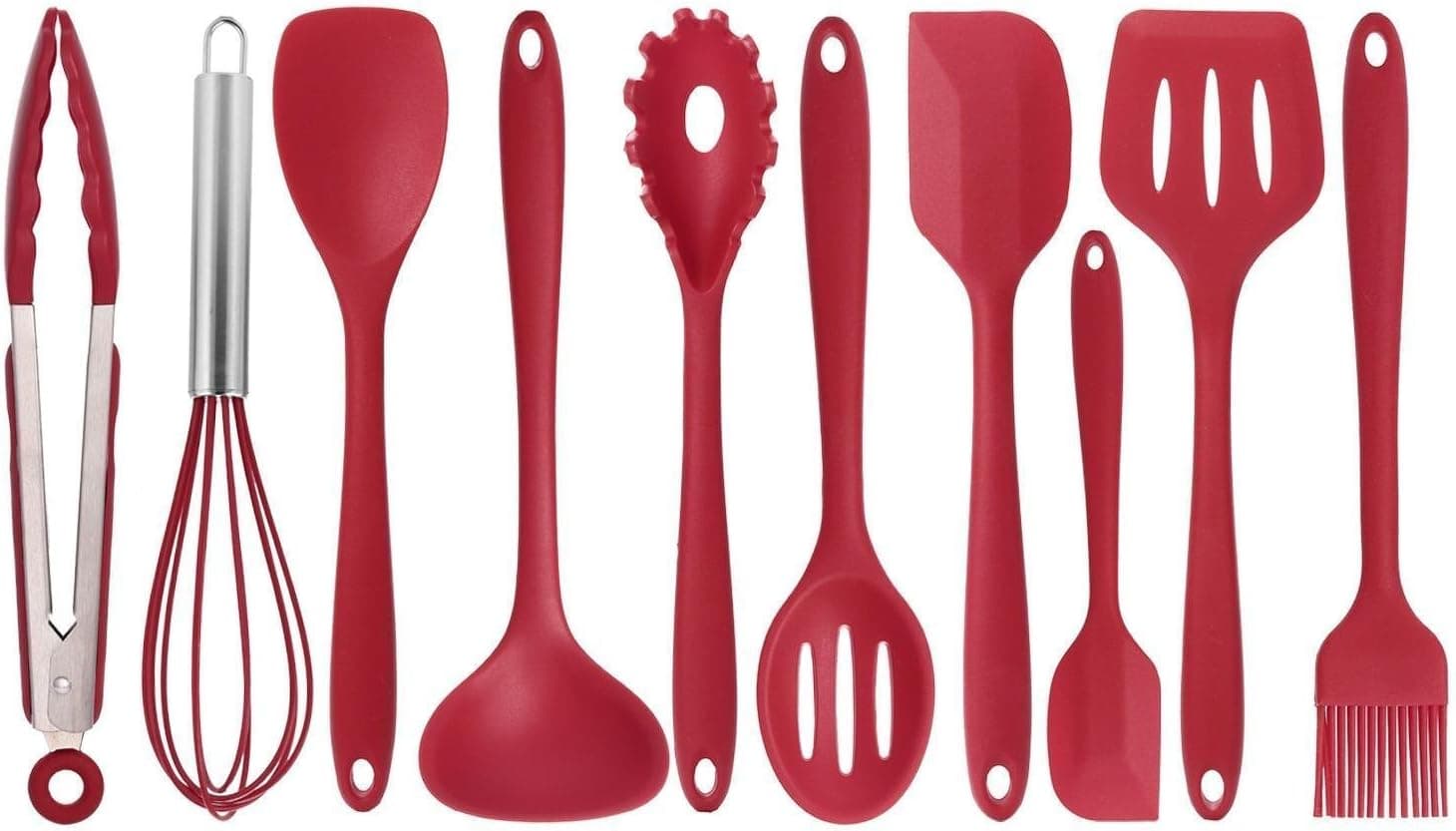 10Pcs/set Kitchen Vegetable Daily Useful Cooking Tools Non-Stick Utensils Pasta Fork Spoonula Tong Slotted Spoon (Red)