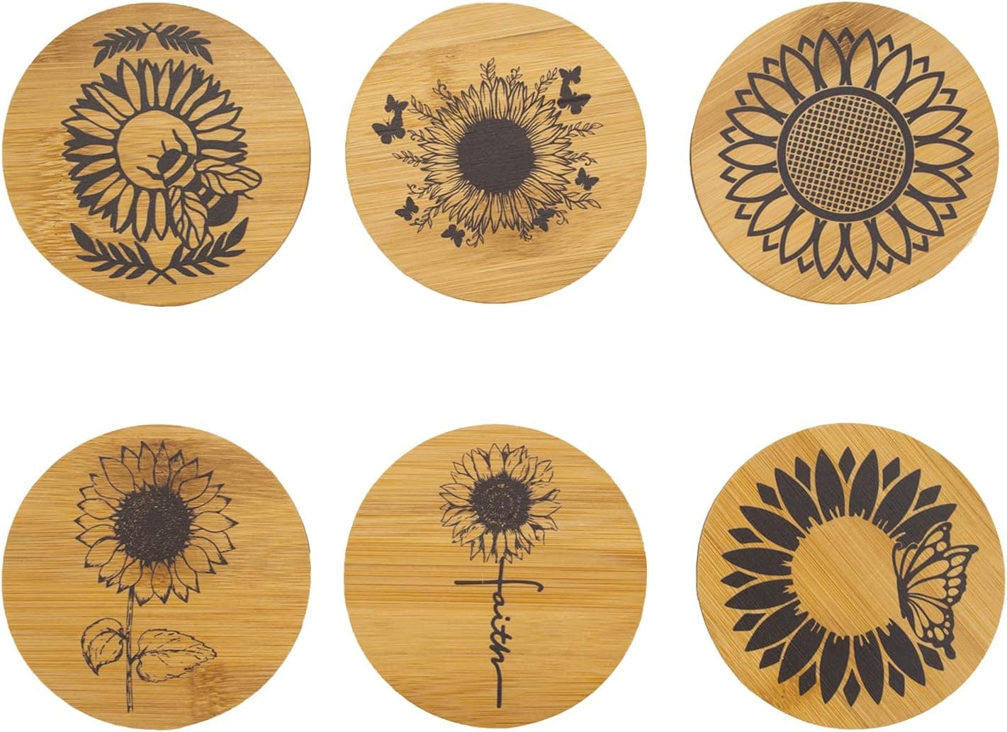 RXYQ 6PCS Sunflower Bamboo Wood Coaster,Sunflower Kitchen Gift,Sunflower Themed Gift,Bamboo Coaster with Holder, Housewarming Wedding Birthday Mom Home Cooking Anniversary Gift Idea Decor