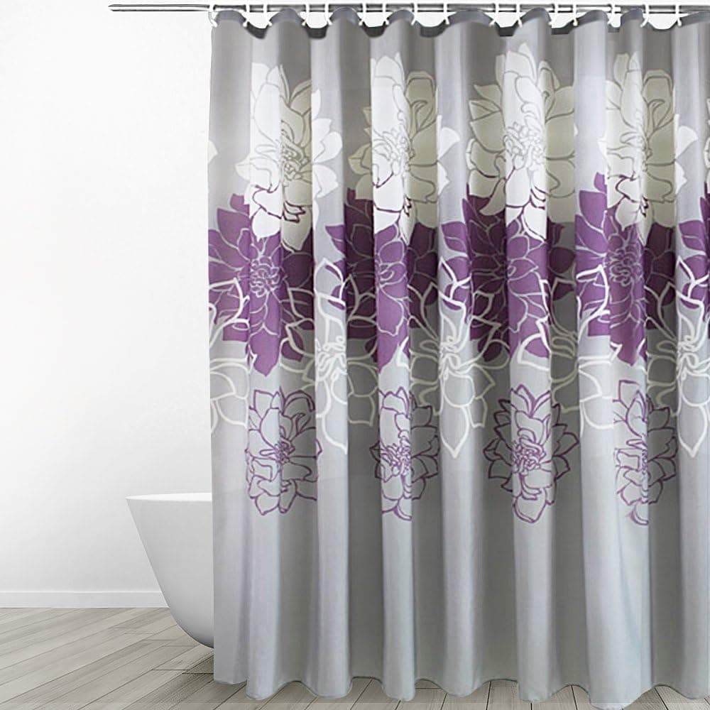 Eforgift 72-inch by 78-inch Floral Printed Shower Curtain Fabric, Waterproof Bathroom Curtains with Free Rings, Purple/Grey