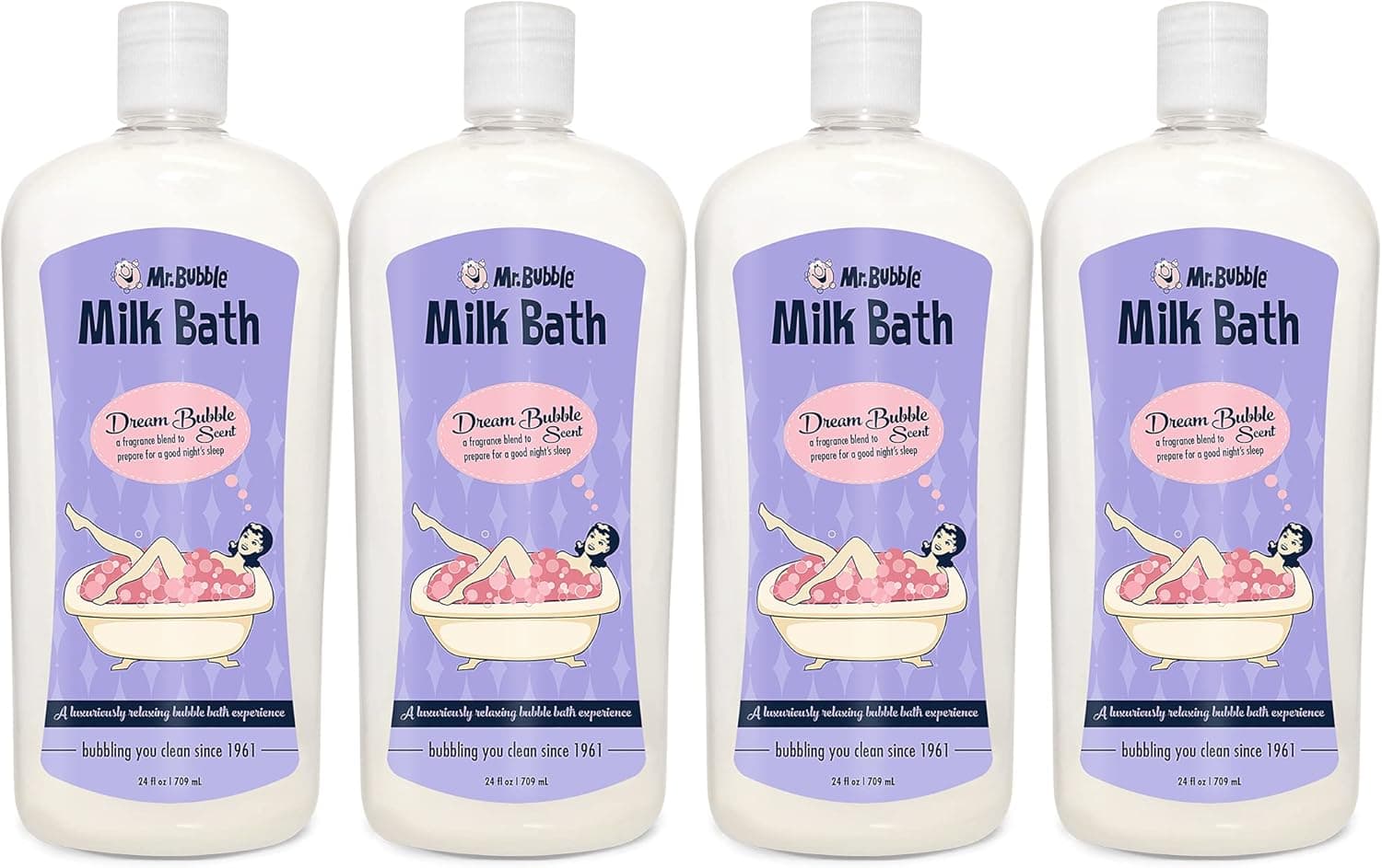 Mr. Bubble Dream Bubble Milk Bath - A Nourishing, Moisturizing, Milk Bath - Paraben Free, Phthalate Free, Coconut and Milk Foaming Bath (4 Bottles, 24 fl oz Each)