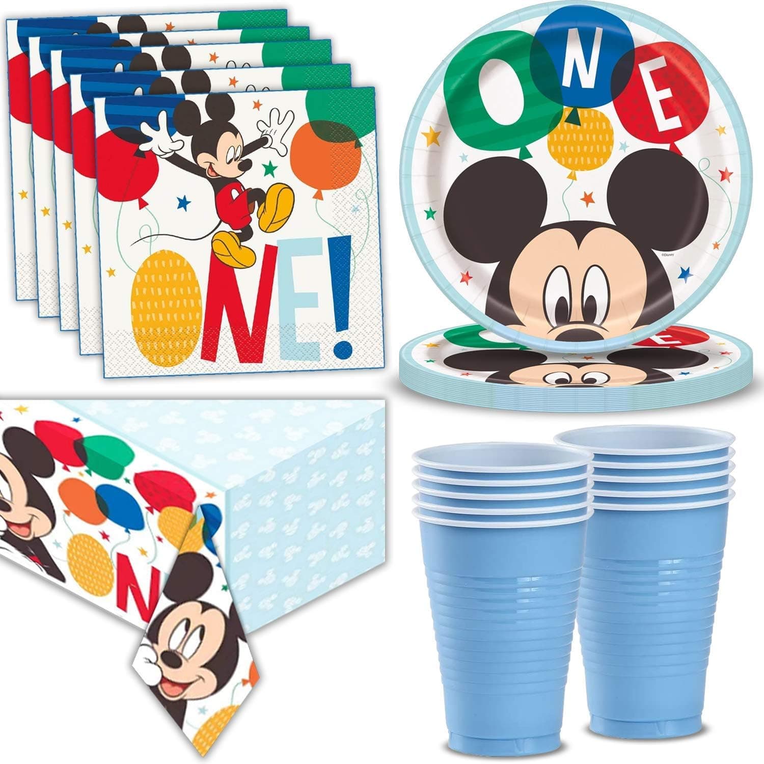 Disney Mickey Mouse 1st Birthday Party Supplies, 32 Servings - Large Disposable Plates, Napkins, Blue Cups, Tablecover, Great Tableware and Decorations for First Birthday and Themed Parties