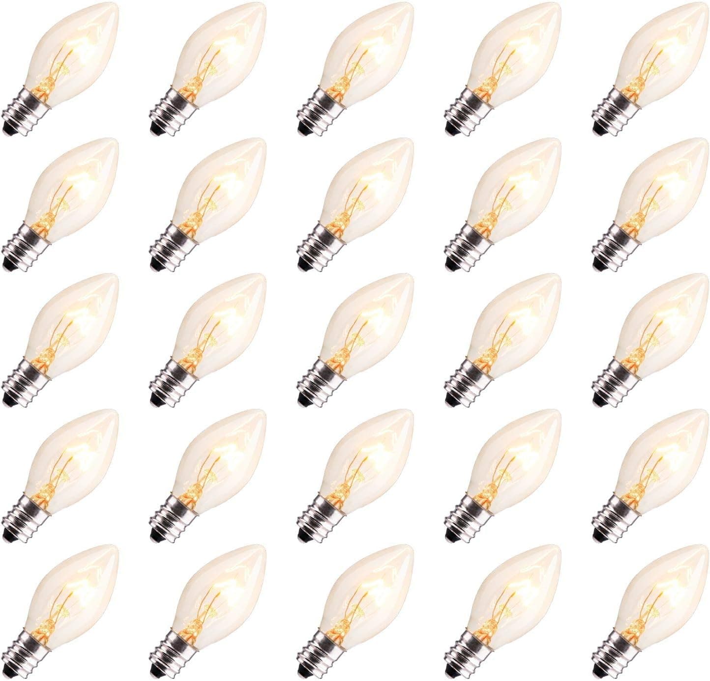 50 Pack C7 Christmas Replacement Light Bulbs, C7 Clear Incandescent Bulb for Christmas String Light, E12 Candelabra Base, 5 Watt, Clear