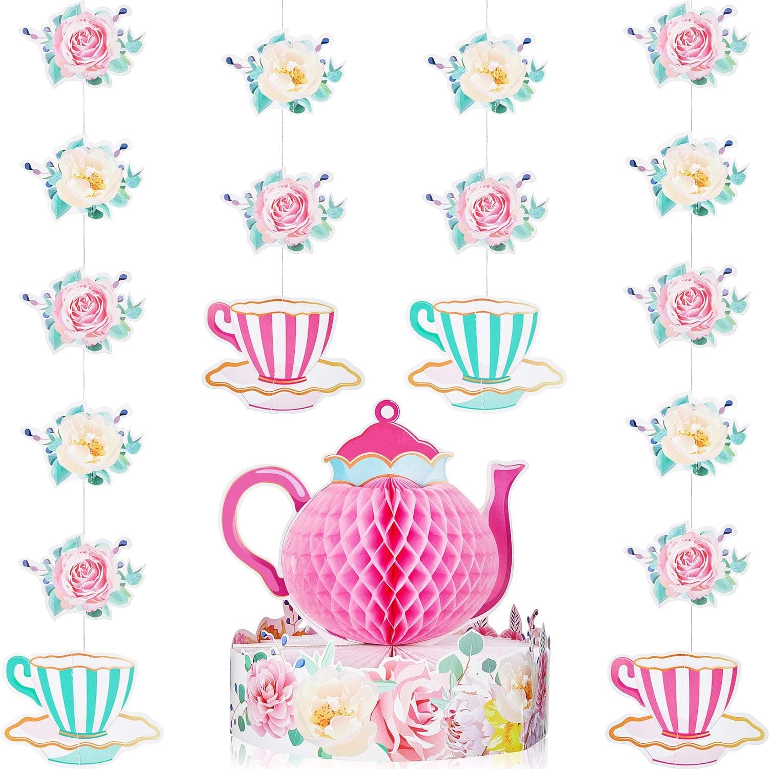 5 Pieces Floral Tea Party Centerpiece Princess Party Decorations Teal Centerpiece Honeycomb Flower Hanging Decorations for Floral Tea Party Birthday Baby Shower Decoration