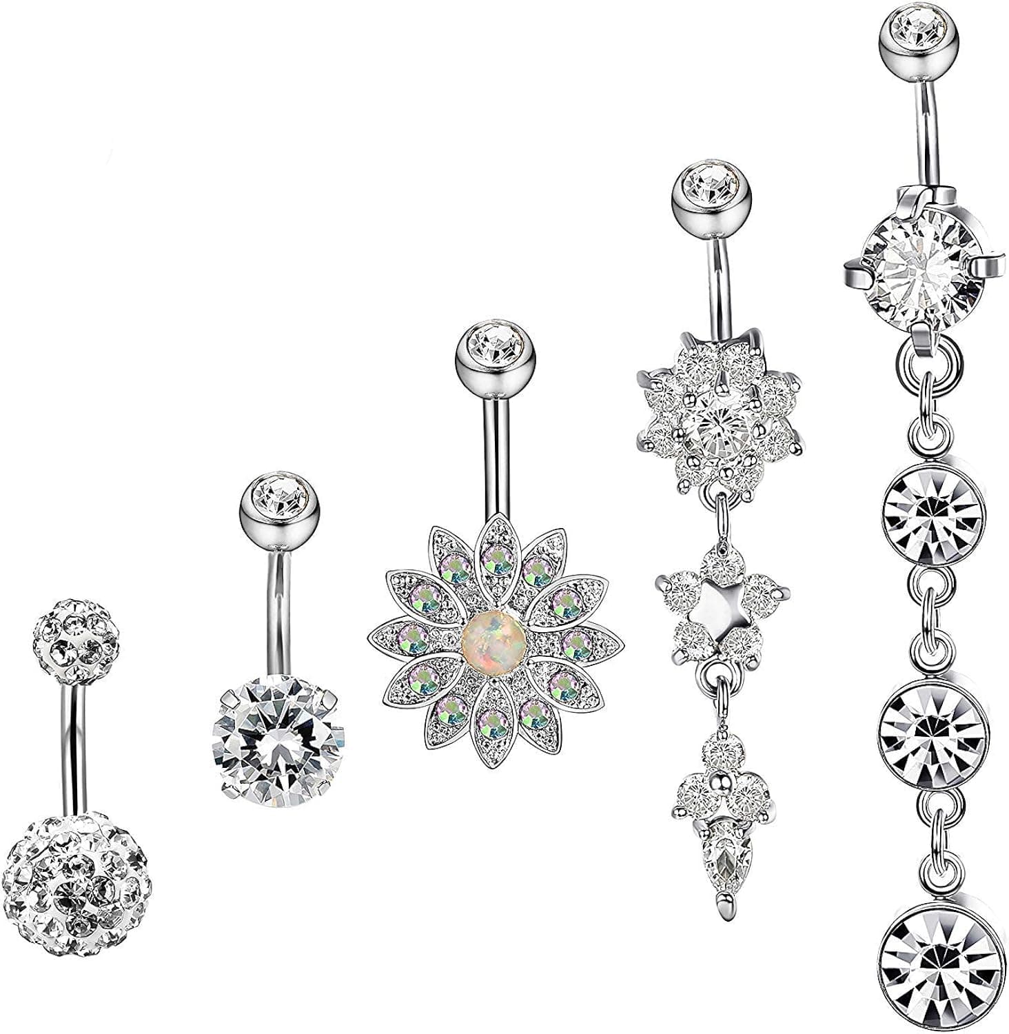 HANPABUM 6Pcs 14G Belly Button Rings for Women Navel Rings Piercing CZ Stainless Steel 6 Styles