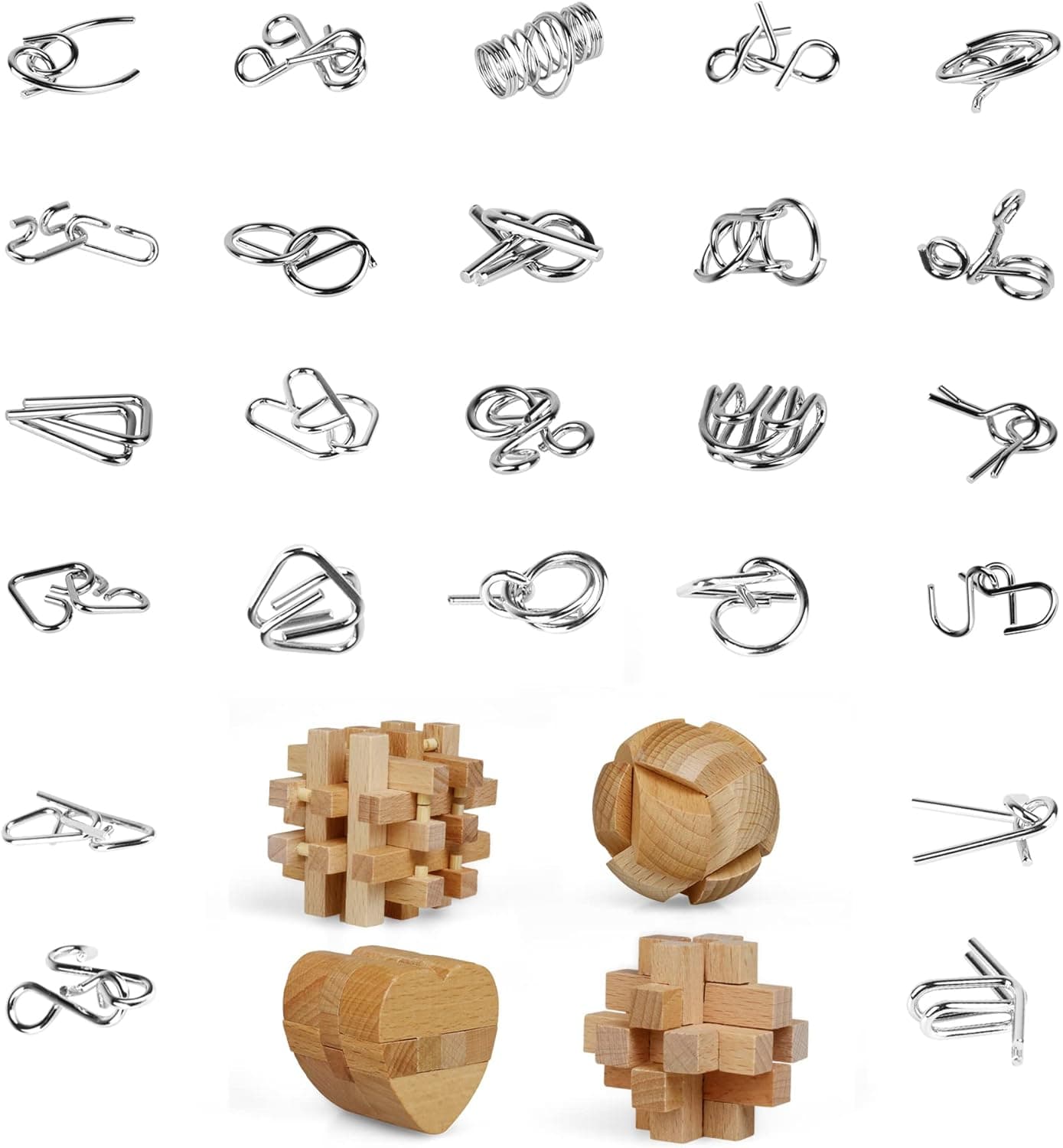 ActPo Brain Teaser Puzzles 28Pcs Unlock Interlock Game, IQ Logic Test Wooden and Metal Puzzles Game, 3D Puzzle Toy Brain Teaser for Kids and Adults, Mind Puzzle Brain Game Educational Toy Travel Games