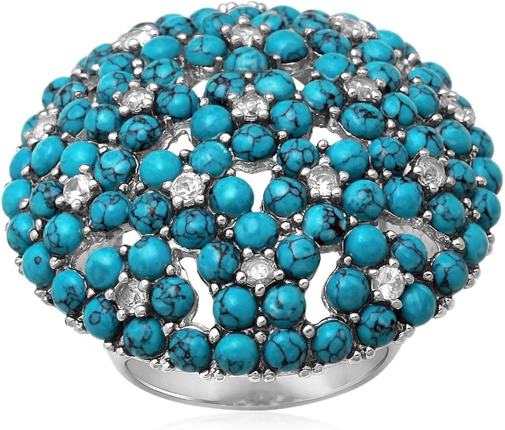 Jewelili Sterling Silver 2.95 MM Round Turquoise Crystal and 2 MM Round White Cubic Zirconia Ring, Size 7