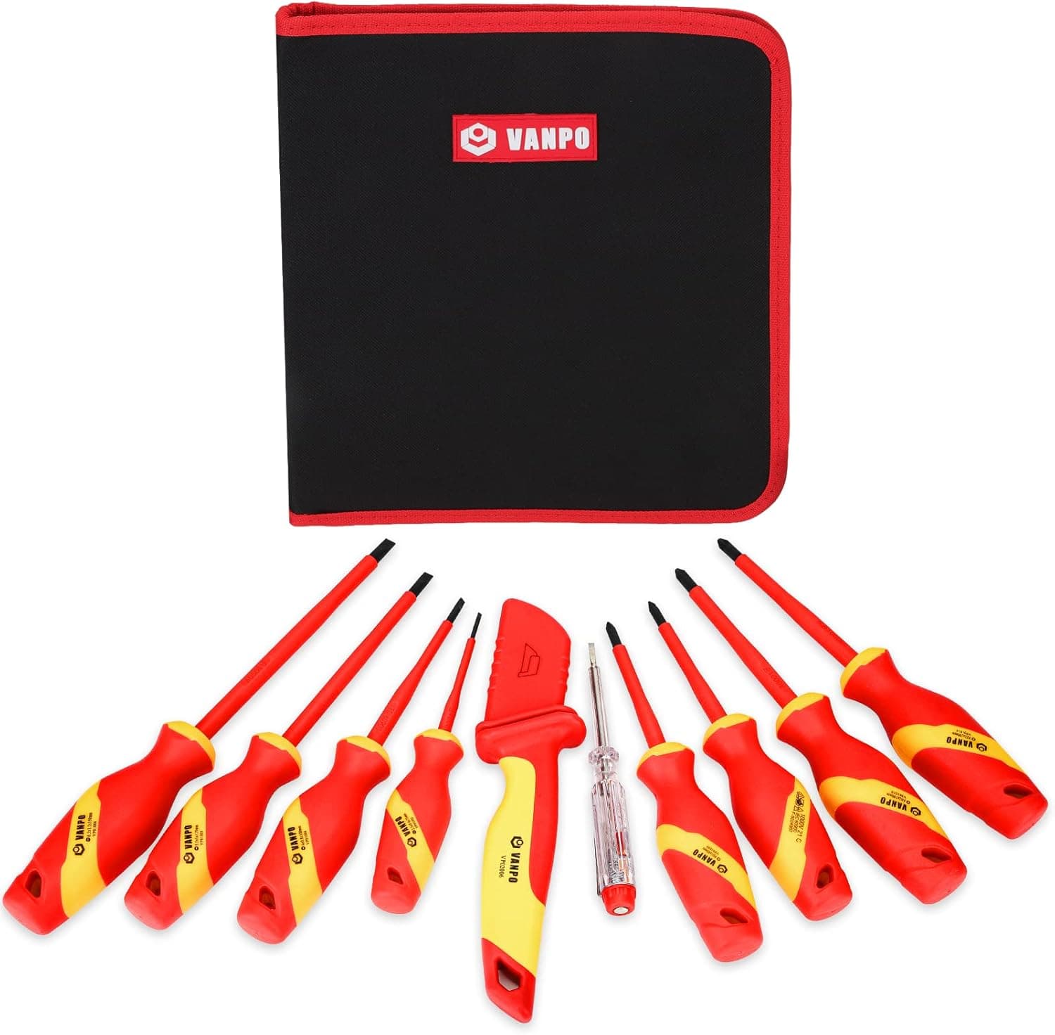 VANPO 1000V Insulated Screwdriver Set, 10 Pcs VDE Electrician Screwdriver Set with Magnetic Phillips & Slotted & Pozi Screwdriver, VDE Cable Knife, Voltage Tester, S2 Steel Blades' Safety Repair Tools