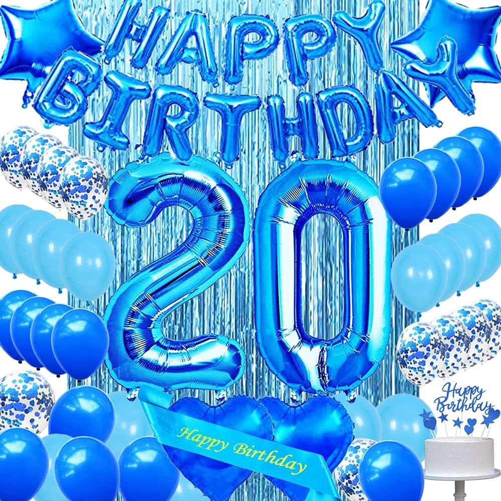 Happy 20TH Birthday Party Decorations Pack- 16inch Blue Happy Birthday Foil Balloons Confetti Latex Balloons Heart Star Foil Balloons Blue Foil Curtains Blue Happy Birthday Cake Topper Number Blue 20 pertlife