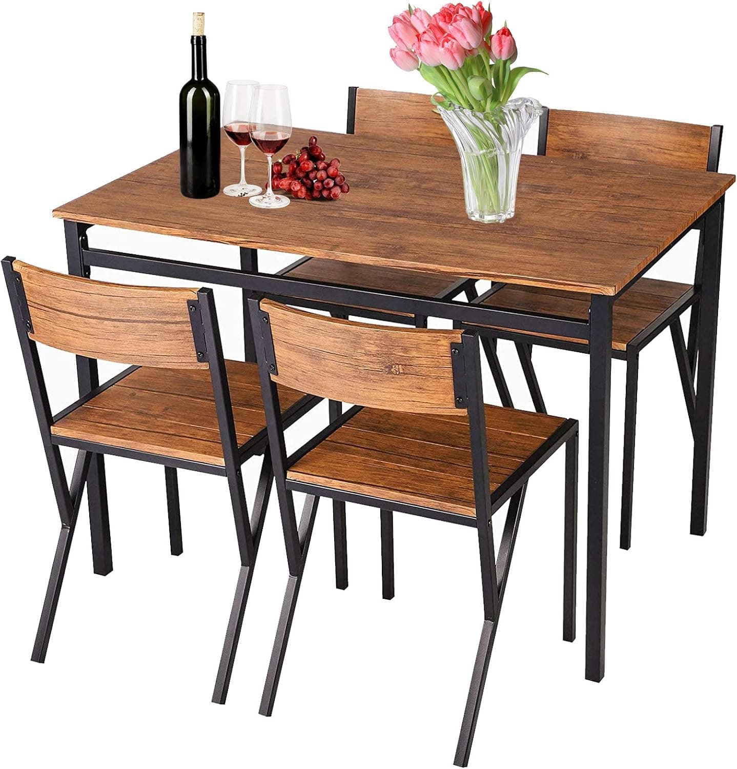 USSerenaY 5-Piece Wooden Metal Dining Table Set Industrial Style Wooden Kitchen Table and Chairs Dining Table Furniture Set for Kitchen, Dining Room, Living Room