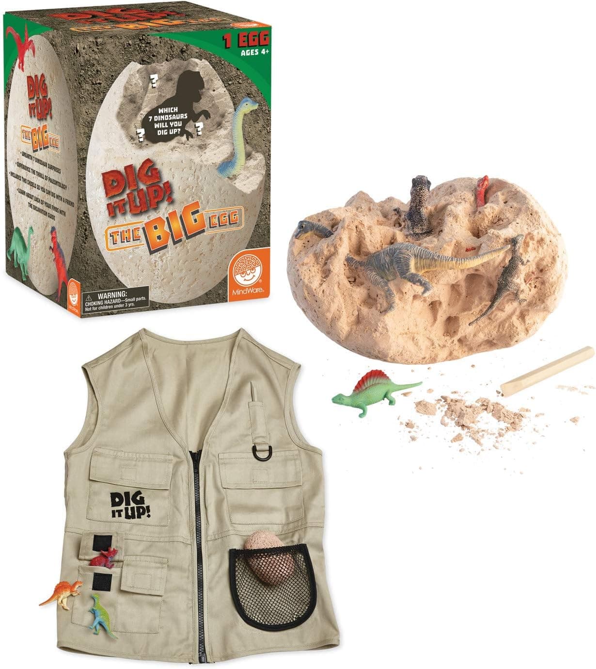 MindWare Dig It Up: Big Dinosaur Egg for Kids & Explorer Vest - Dig up 7 Cool Dinos with Tools & Fun Facts - Boys & Girls Learn About Dinosaurs - Vest fits Ages 4-10