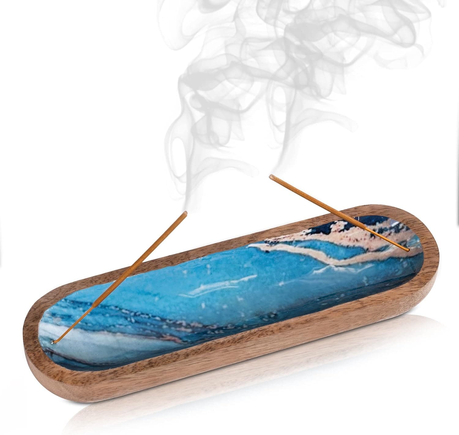 KRATI EXPORTS Incense Stick Holder Wood Ash Catcher Handmade Holder Catch All Ashes Wood Incense Burner, Ash Catcher, Boat Shaped, Wiccan, Pagan 10 x 3 x 1.5 inch (Aqua Blue)