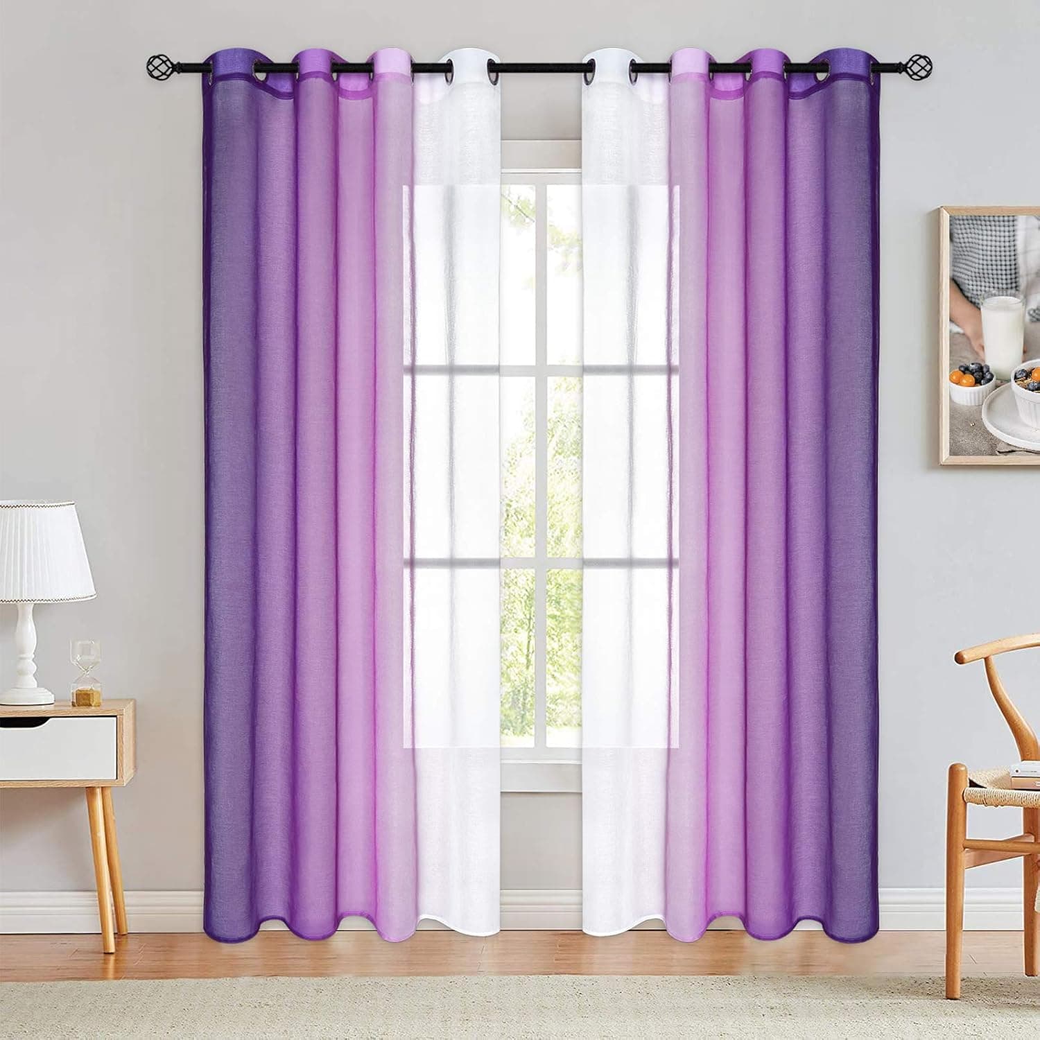 ASPMIZ Purple and White Ombre Sheer Curtains, Gradient Voile Curtain Panels, Semi-Sheer Window Drapes with Grommets for Modern Living Room Bedroom Decor, Set of 2 Panels, 52 x 84 Inch Length