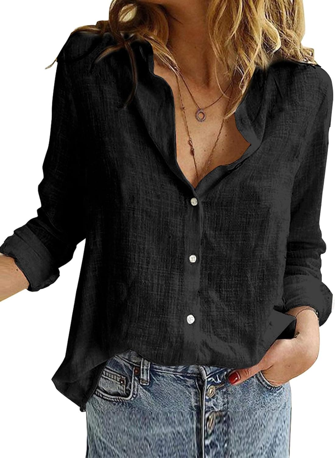 Ecrocoo Womens V Neck Button Down Blouses Tops Casual Solid Color Long Sleeve Work Shirts