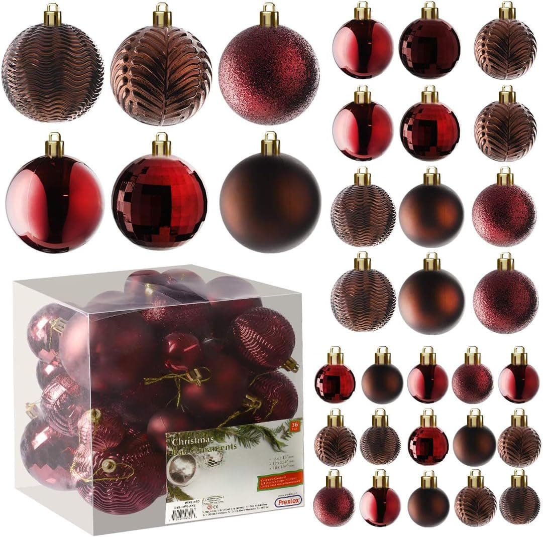 Prextex Christmas Tree Ornaments - Wine Red Christmas Ball Ornaments Set for Christmas, Holiday, Wreath & Party Decorations (36 pcs - Small, Medium, Large) Shatterproof