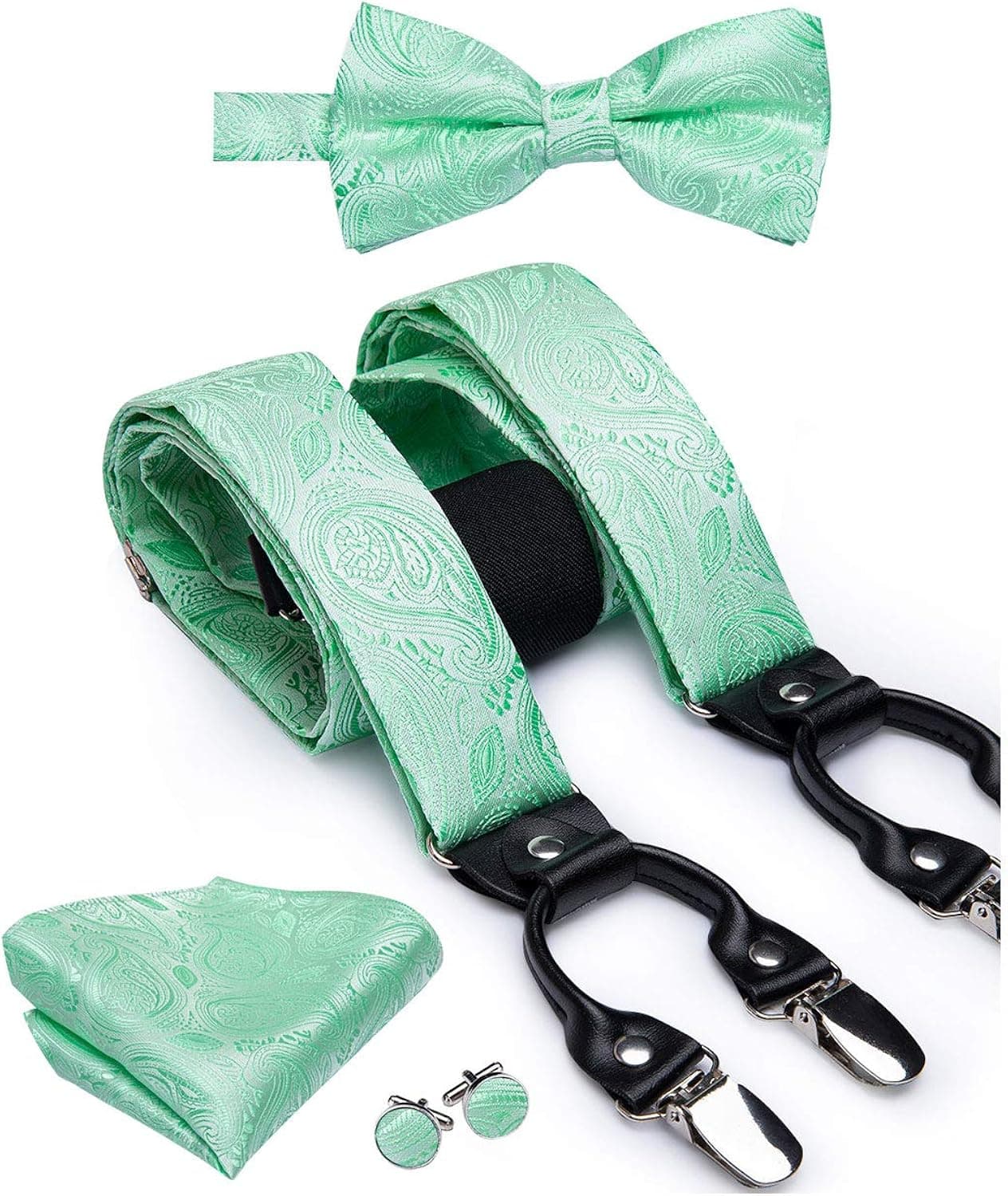 Dubulle Mens Clips Suspenders and Pre tied Bow Tie Set with Pocket Square Y Shape Adjustable Braces