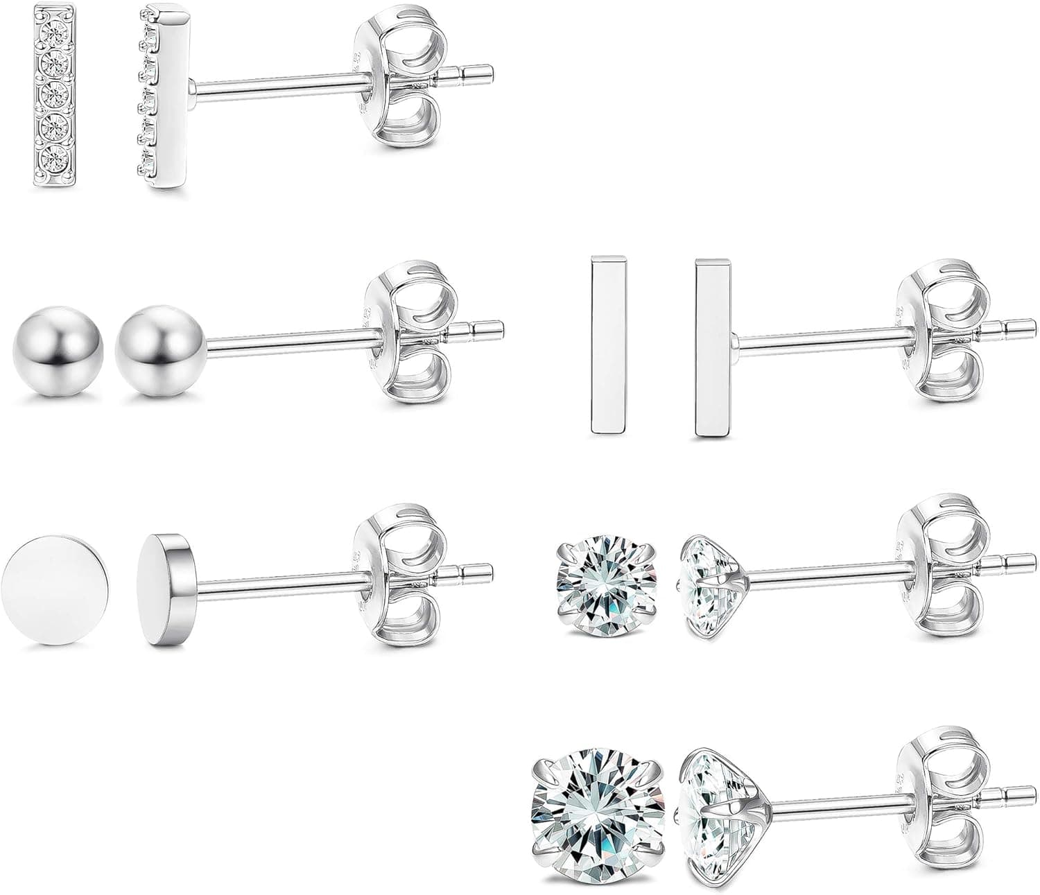 LOYALLOOK 6 Pairs 925 Sterling Silver Bar Stud Earrings Set Cubic Zirconia Tiny Ball Earrings for Men Women Simple Chic Earrings Set