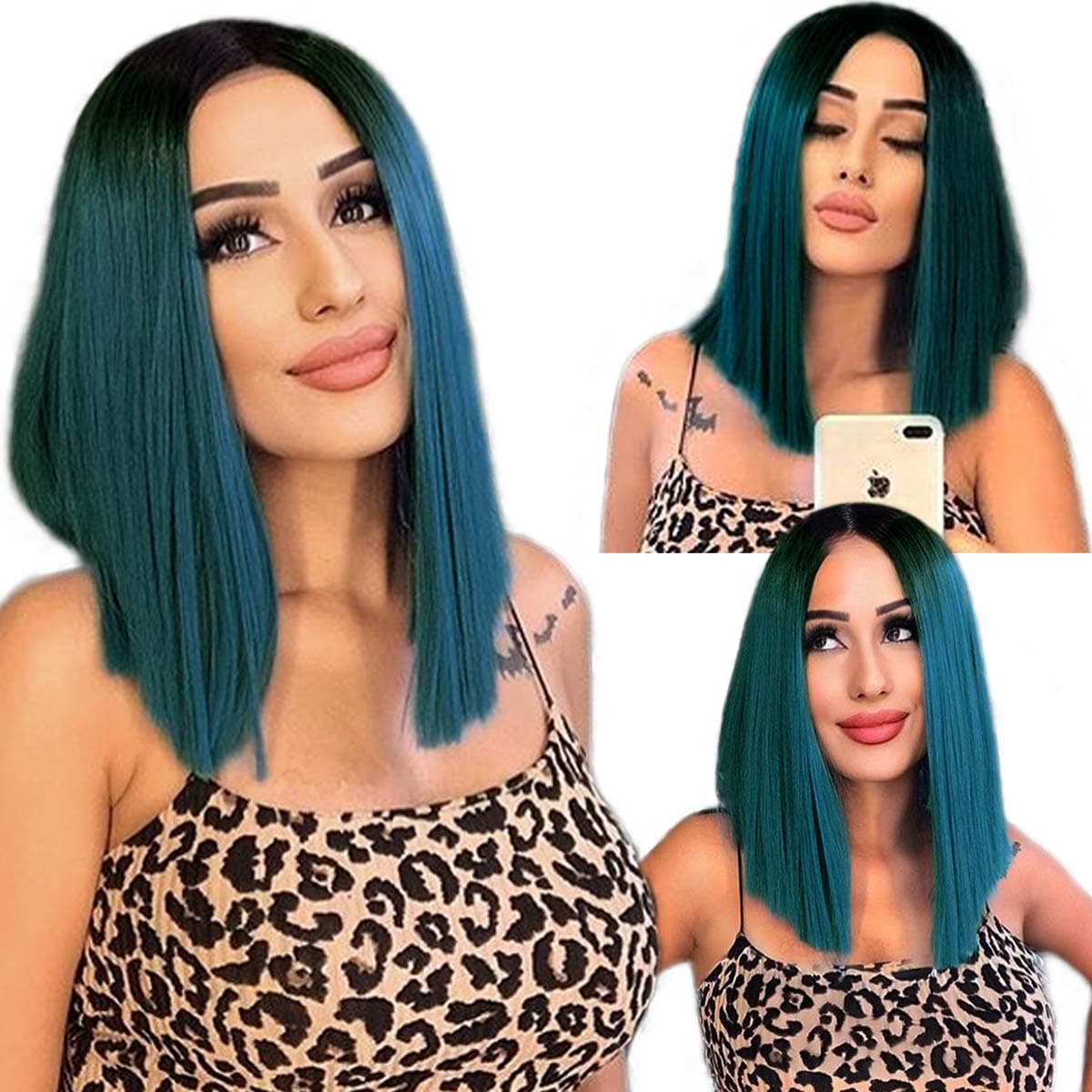 K’ryssma Ombre Green Synthetic Wig with Black Roots, Short Bob Wig with Middle Parting Dark Green Heat Resistant Hair Wig for Women Full Machine Made