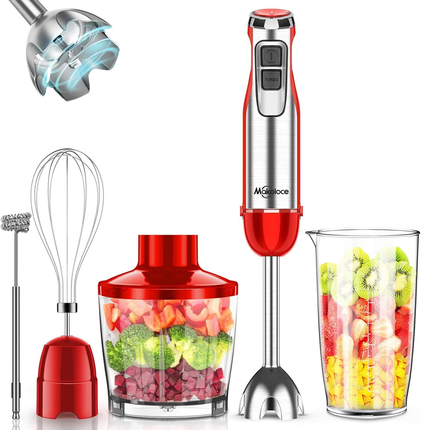 Makoloce Hand Blender 800W 12-Speed 5-in-1 Immersion Blender Handheld Stick Blender Stainless Steel With Whisk, Milk Frother, Chopper, Grinder Bowl & Measuring Cup for Smoothie, Baby Food & Sauces Red