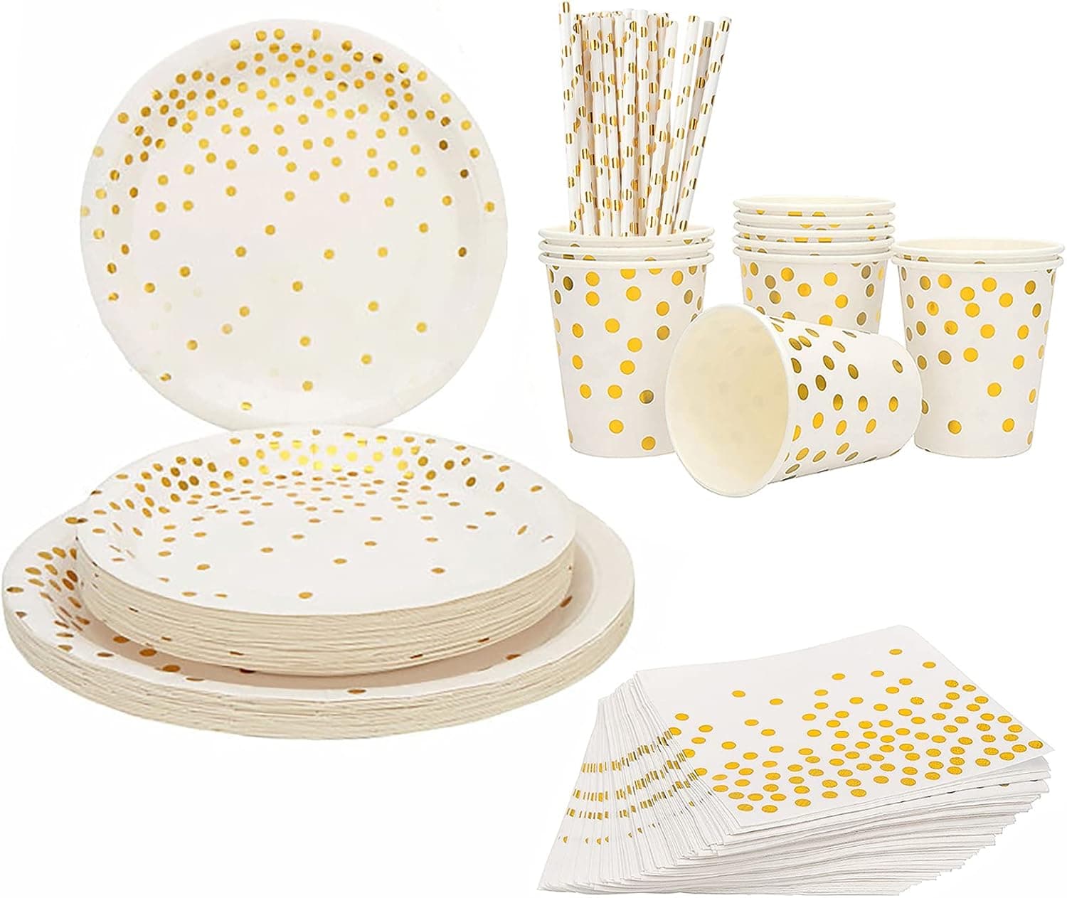 Disposable Gold Plastic Tableware 25 Guests Party Disposable Dinnerware Set Plate Dessert Plate Cup Straws Napkin Disposable Tableware Set Pack of 125