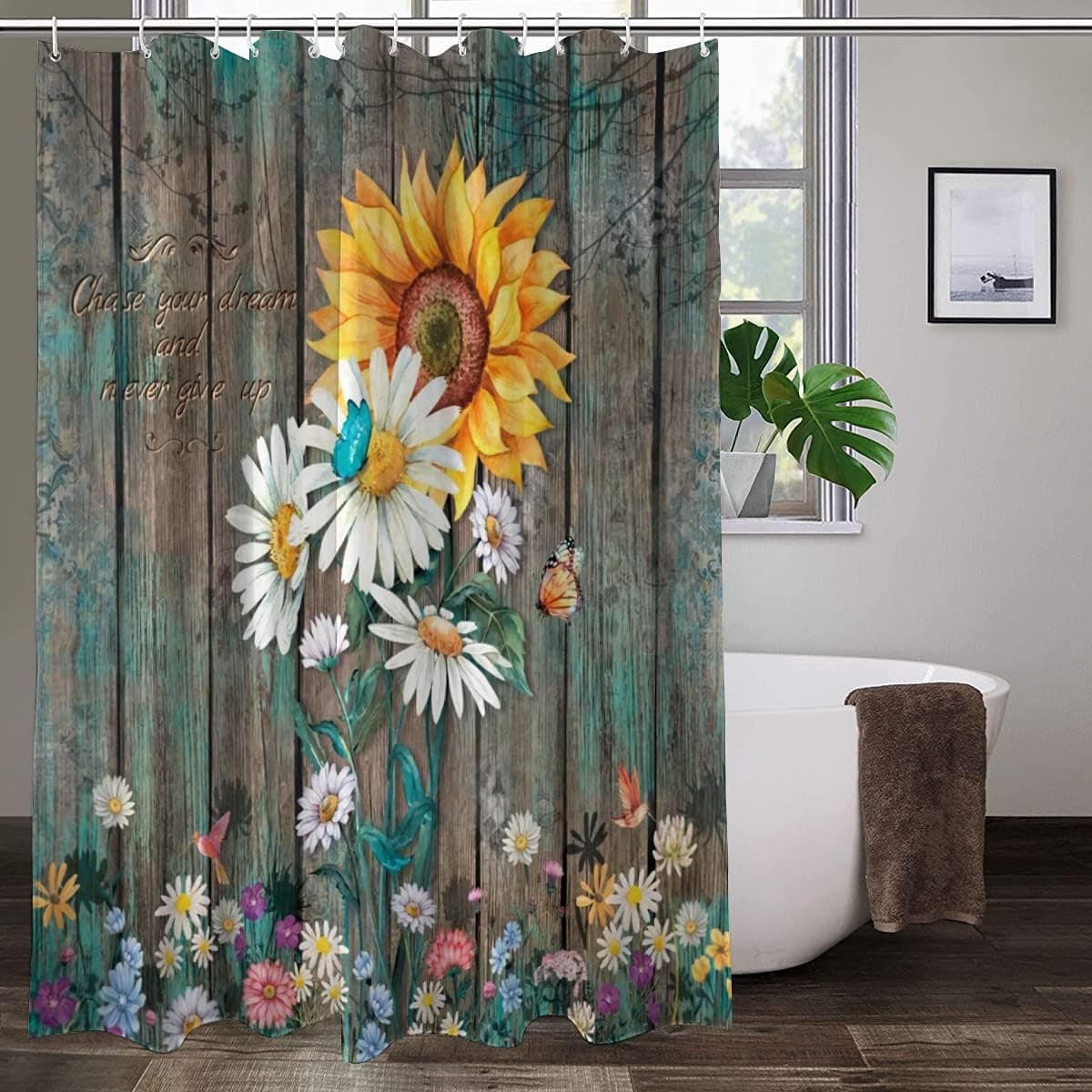 EFOEKY Sunflower Shower Curtain Farmhouse Country Daisy & Butterfly Waterproof Bathroom Accessories Set with 12 Hooks Polyester Fabric Bathroom Decor Barn Wood Shower Curtains,72"x72"