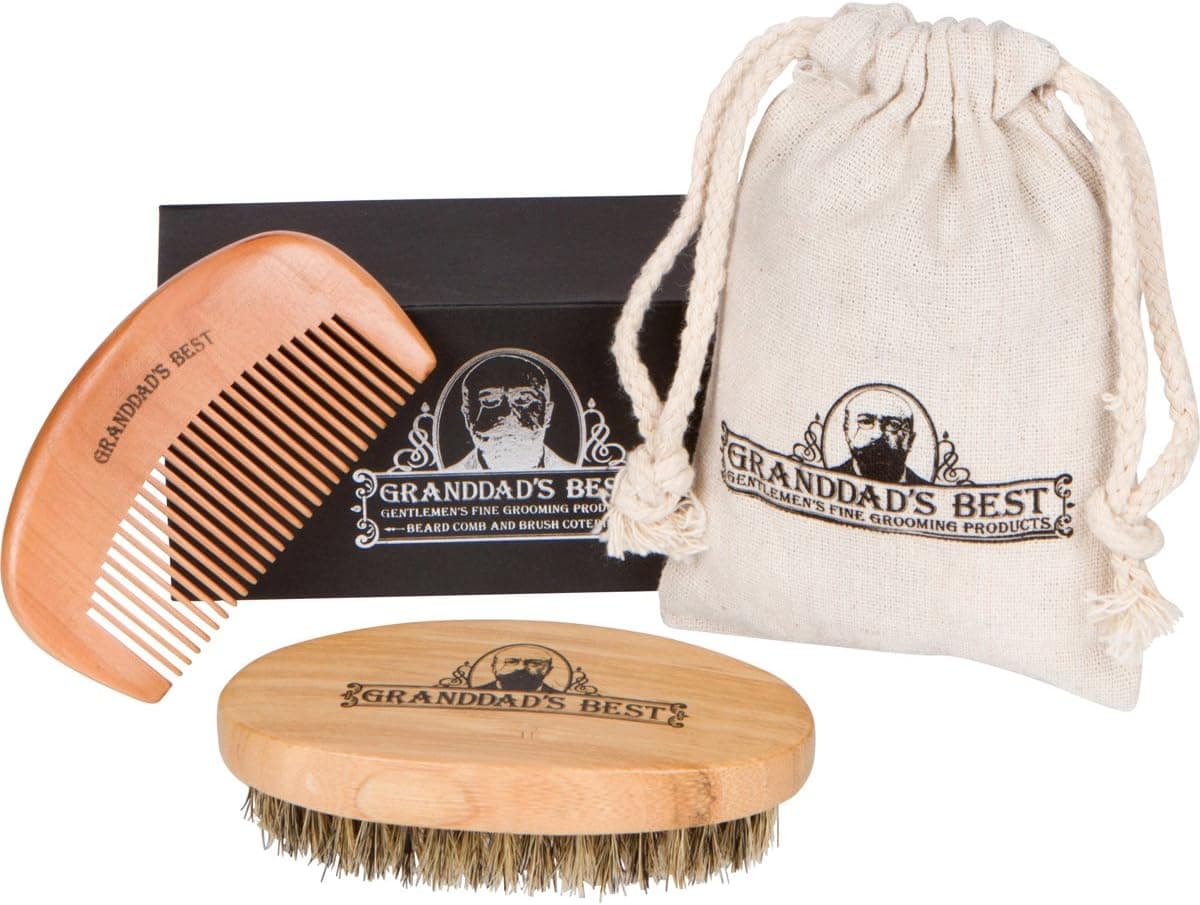 Beard Brush & Bamboo Crafted Beard Comb Set Made from Authentic Boar Hair Bristles is A Complete Grooming Kit for Men and Comes with Carry Bag and Handsome Gift Box by Granddads Best.