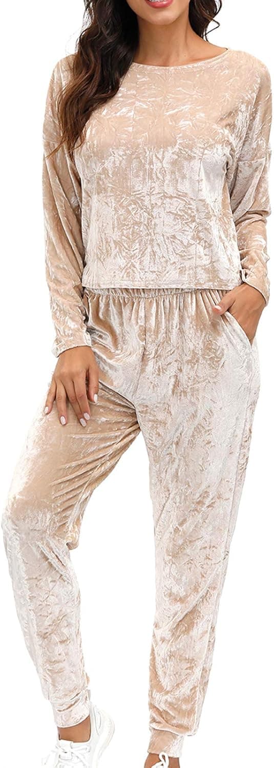 Lexiart Velvet Lounge Set For Women - Wrinkle Solid Two Piece Loungewear Pajamas Tracksuit Sets