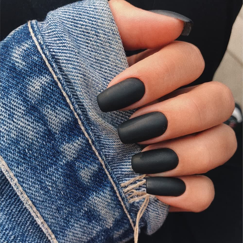 Solid Matte Black Press on Nails Medium Coffin,KXAMELIE Glue on Nails Square Shape Acrylic Nails Press on Simple Fake Nails for Women Girls Daily Wear in 24PCS