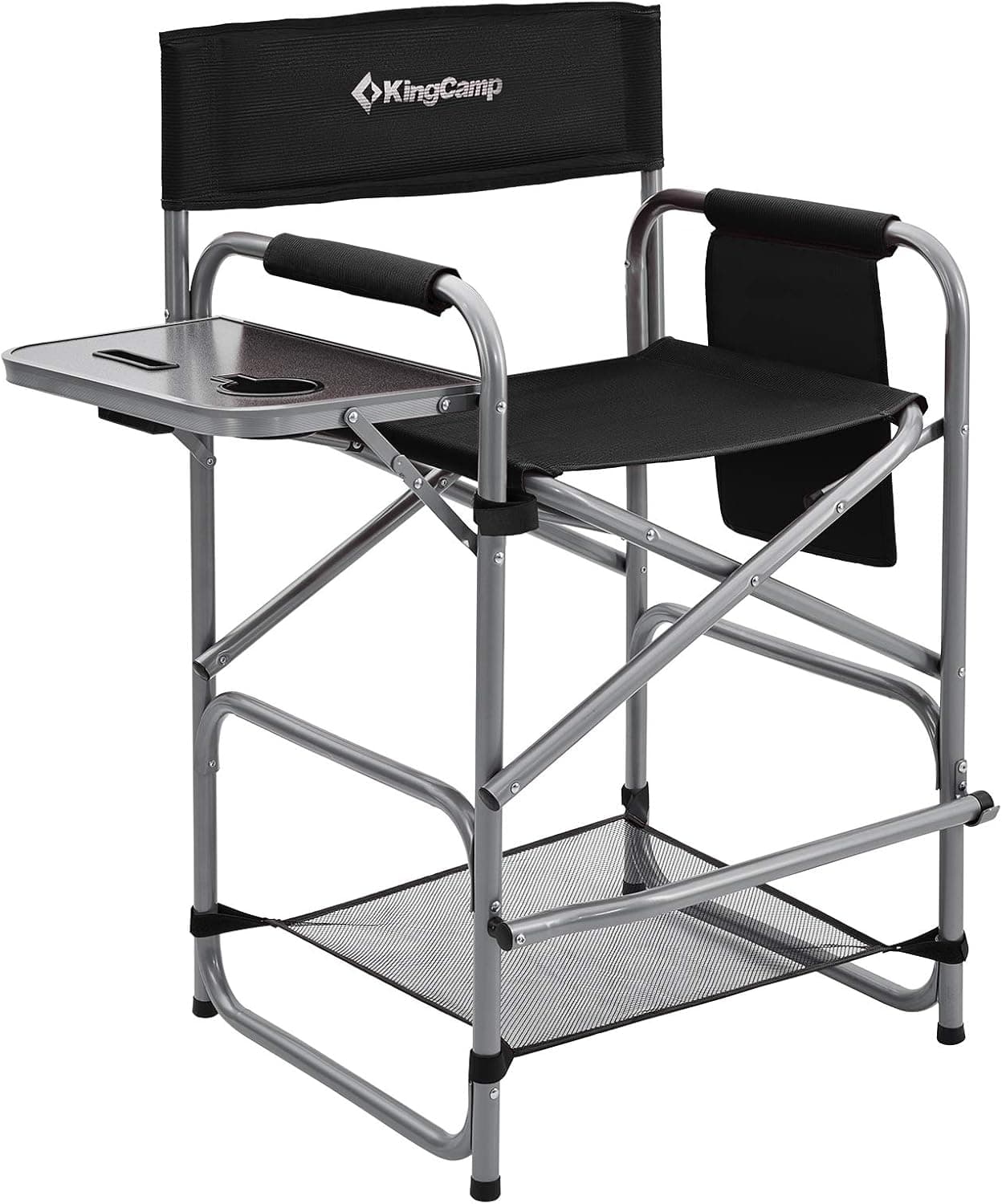 KingCamp Tall Directors Chair Heavy Duty Bar Height Folding Makeup Padded Seat with Side Table, Storage Bag, Foot Rest for Camping, Home Patio and Sports, 1 Pack, Black