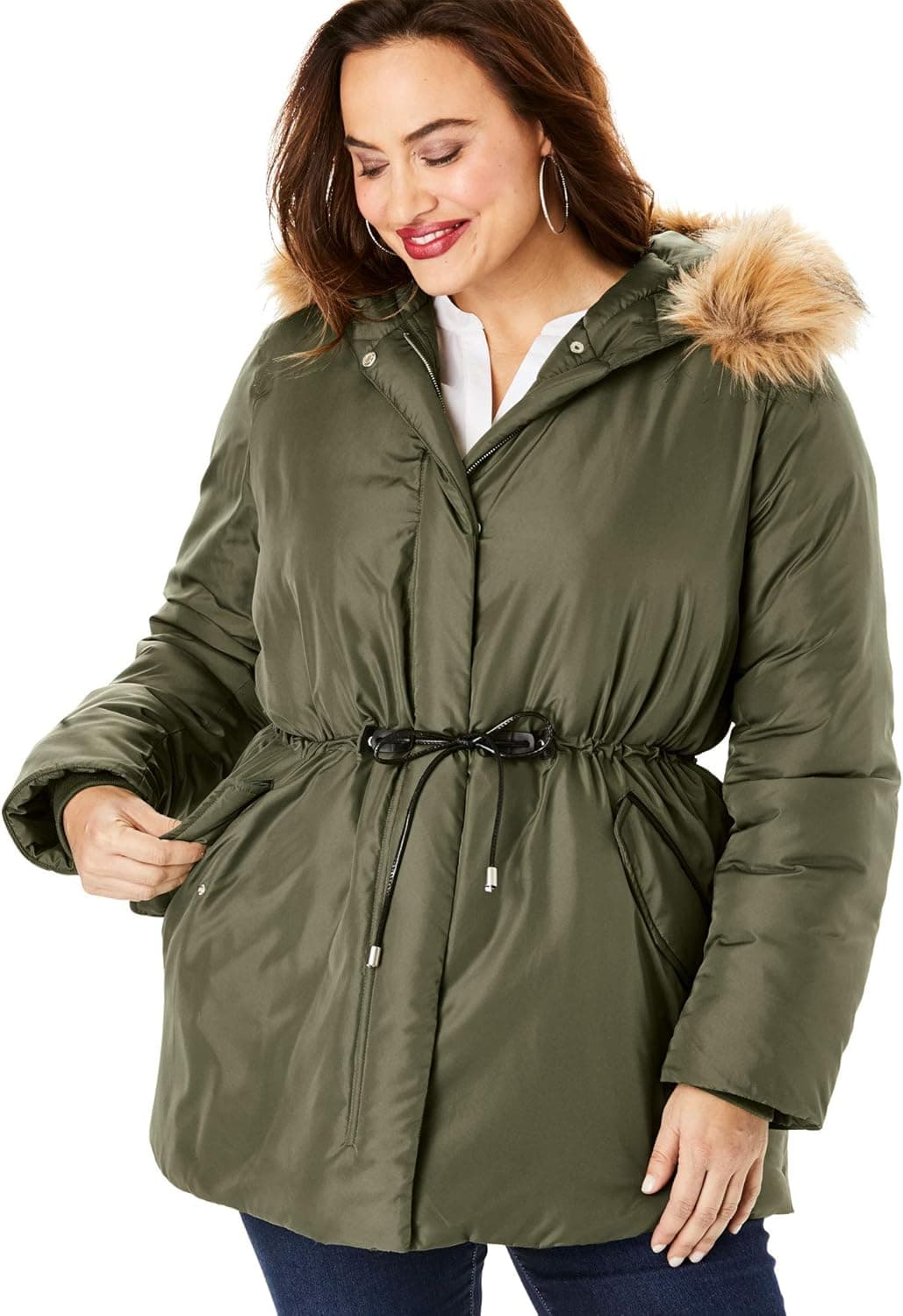 Roaman's Women's Plus Size Anorak Puffer Coat - 30/32, Dark Olive Green