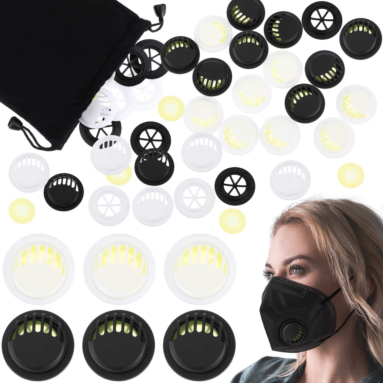 50 Pieces Breathing Valve Face Cover Mouth Filter Air Breathing Filter Accessories Can Replace for Most Kind of Double Air Breathing Valve, Round (25 White and 25 Black)