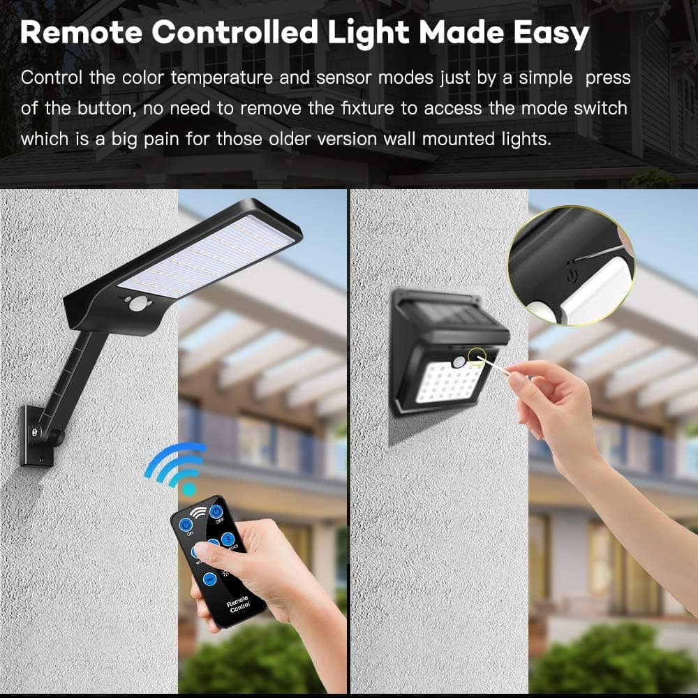 Megulla Solar Powered Motion Security Lights Wall Mounted Outdoor Solar Lights - Remote - 2700K-6000K Color Temperature - Adjustable Solar Panel for Garden Garage Porch Backyard Driveway Deck-2Pack