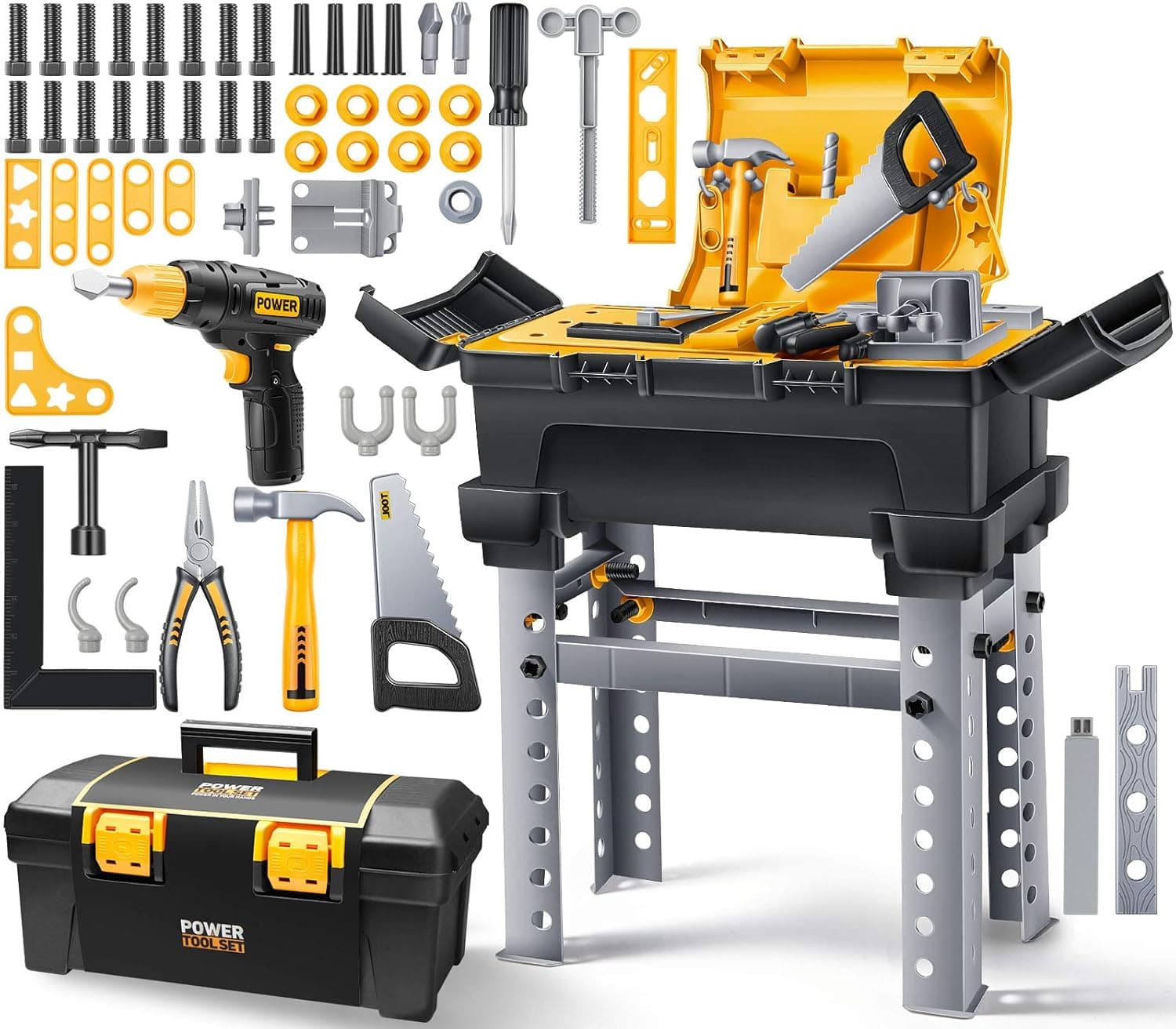 Geyiie Tool Set for Toddlers, Kids Tool Bench with 66 Pcs Tools Toy Accessories for Indoor, Construction Workbench Kit with Electric Drill, Pretend Play Tool Set for Age 3 4 5 6 7 Kids Boys and Girls