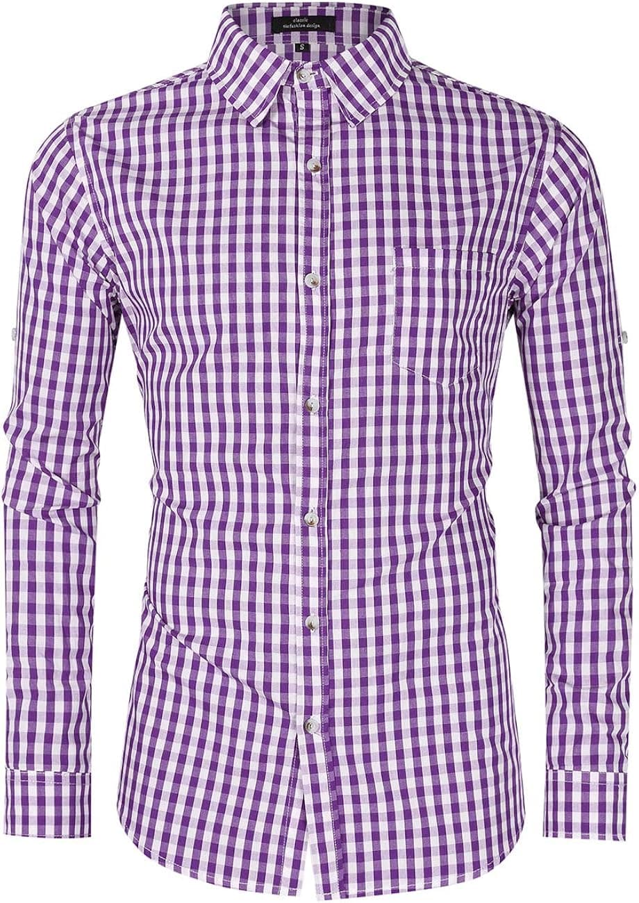 GloryStar Men's Casual Slim Fit Plaid Shirt Button Down Dress Shirts for German Bavarian Oktoberfest and Lederhosen (XL, Purple-long-19)